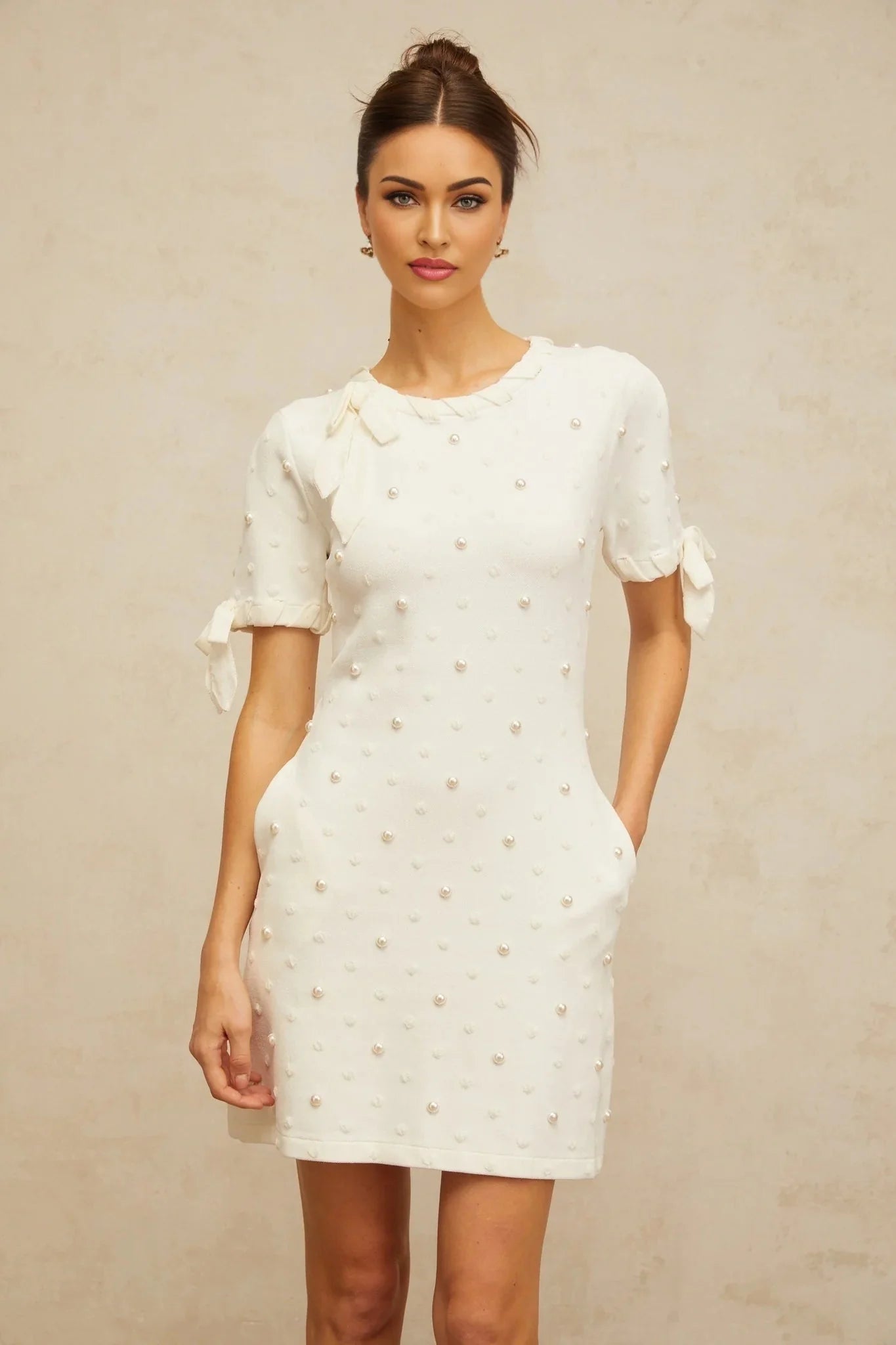 Everleigh Mini Dress White Polka - Dot Heart Cut - Out & Pearl Embellishments