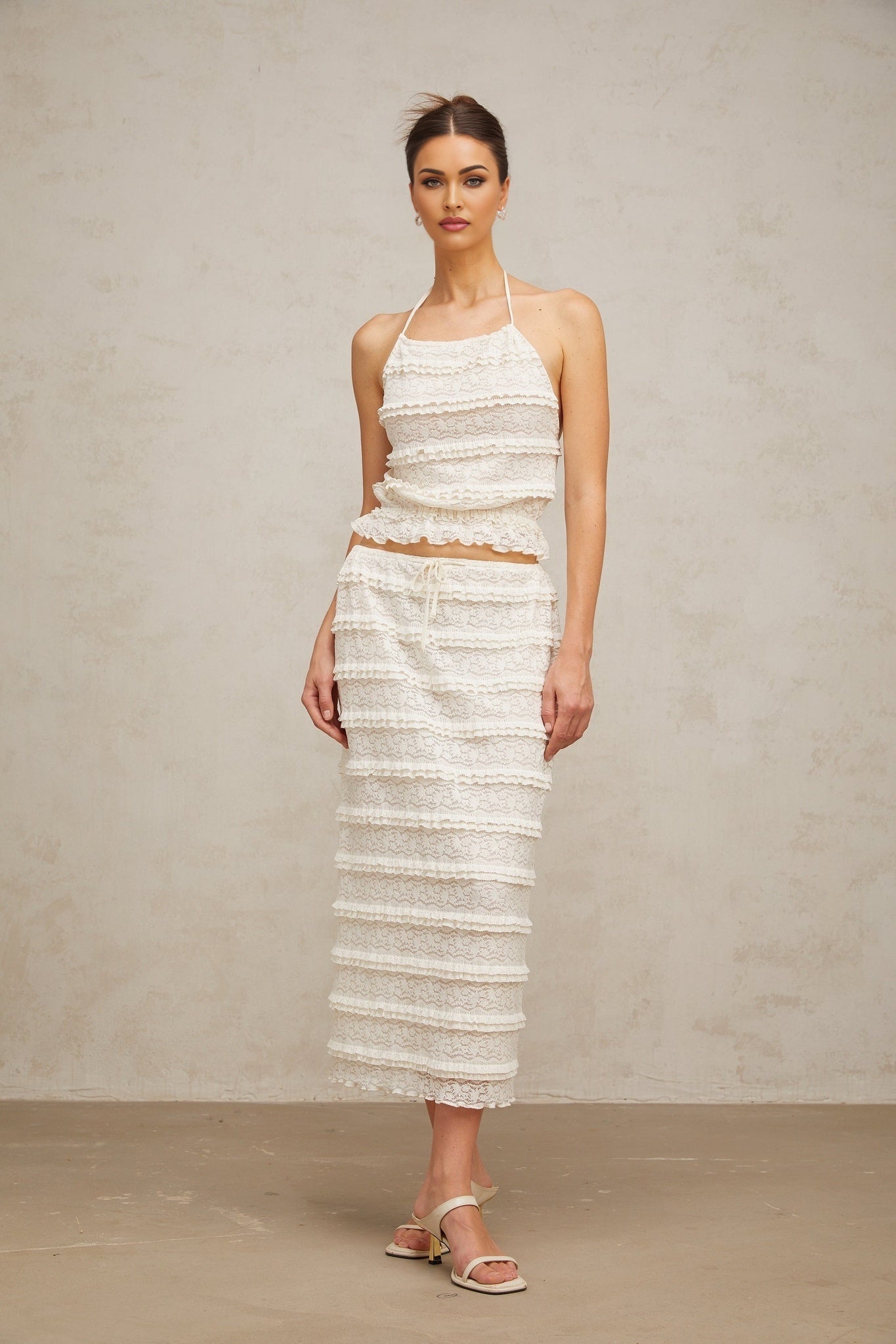 Everleigh Top & Skirt Set - Elegant Halterneck - Floral Lace Details - Tiered Design - Ruffled Accents - Cropped Top