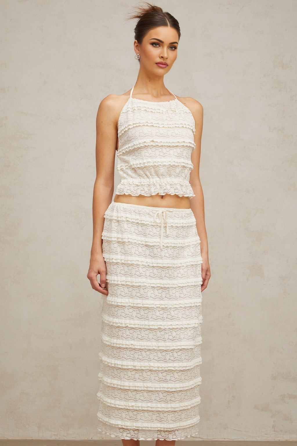 Everleigh Top & Skirt Set - Elegant Halterneck - Floral Lace Details - Tiered Design - Ruffled Accents - Cropped Top