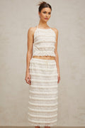 Everleigh Top & Skirt Set - Elegant Halterneck - Floral Lace Details - Tiered Design - Ruffled Accents - Cropped Top