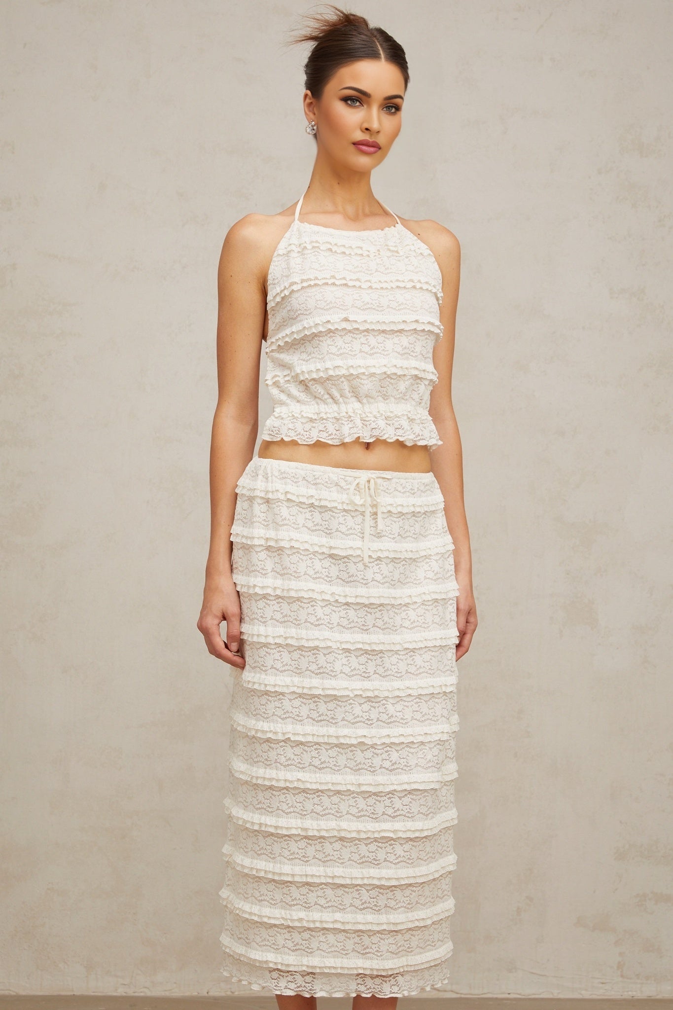 Everleigh Top & Skirt Set - Elegant Halterneck - Floral Lace Details - Tiered Design - Ruffled Accents - Cropped Top
