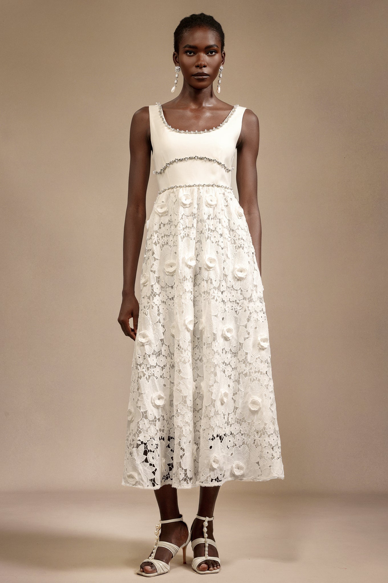 Everleigh White Lace Midi Dress with Embellished Neckline for Garden Party or Evening Event
