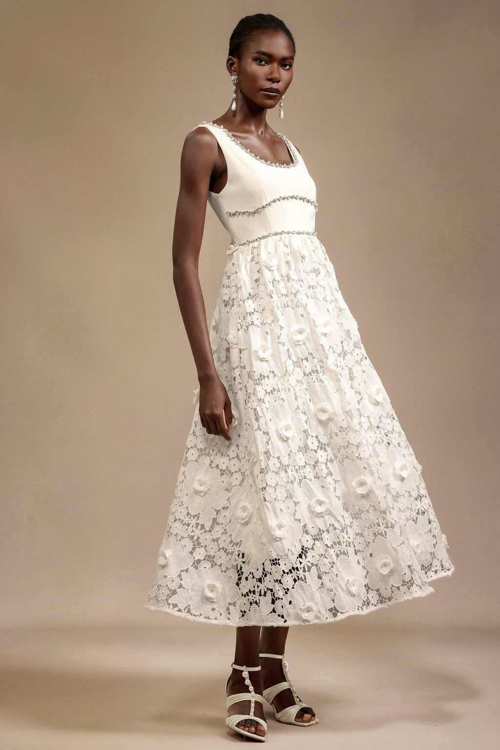 Everleigh White Lace Midi Dress with Embellished Neckline for Elegant Occasions