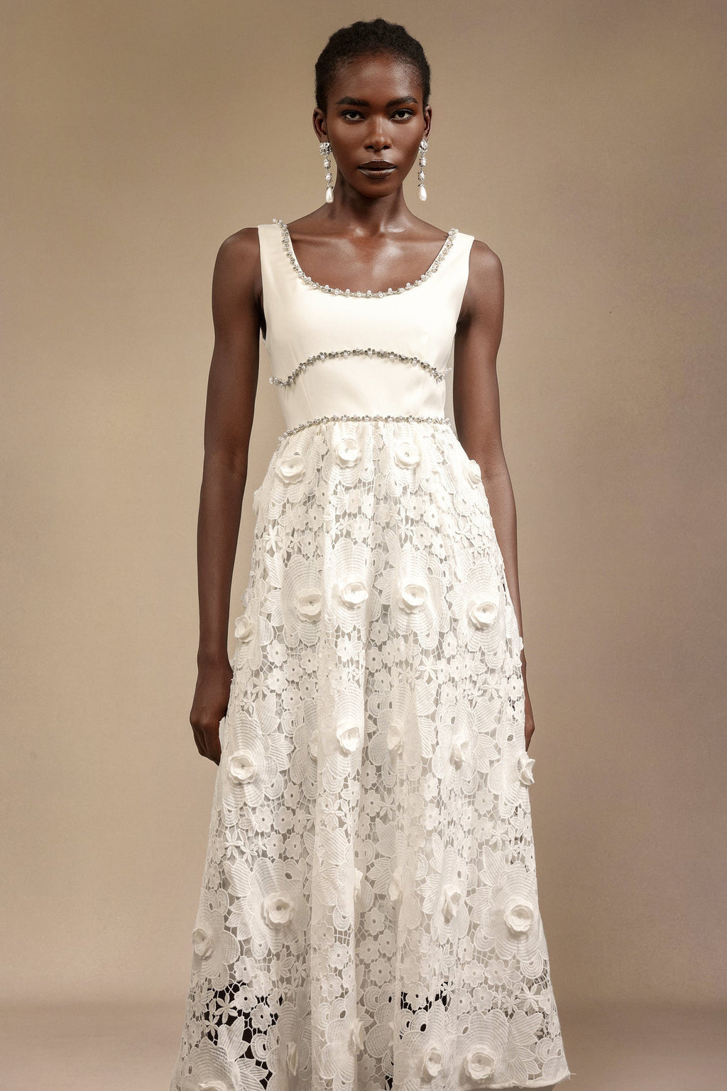 Everleigh White Lace Midi Dress with Embellished Neckline for Garden Party or Evening Event