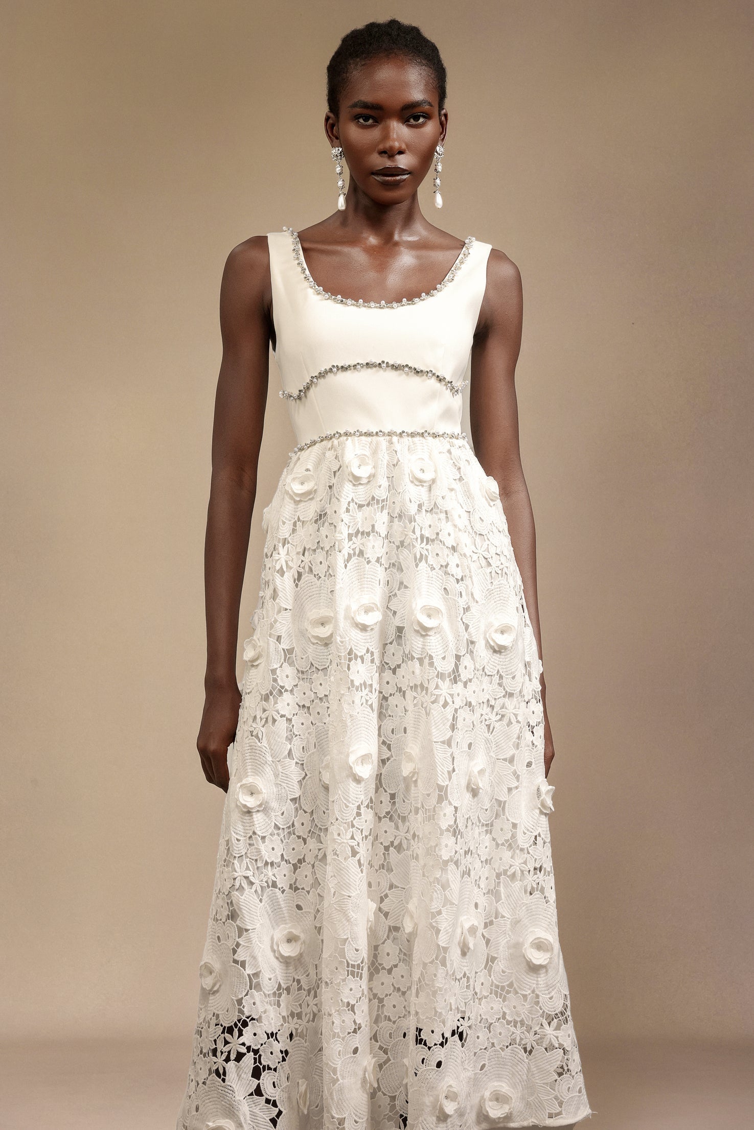 Everleigh White Lace Midi Dress with Embellished Neckline for Garden Party or Evening Event