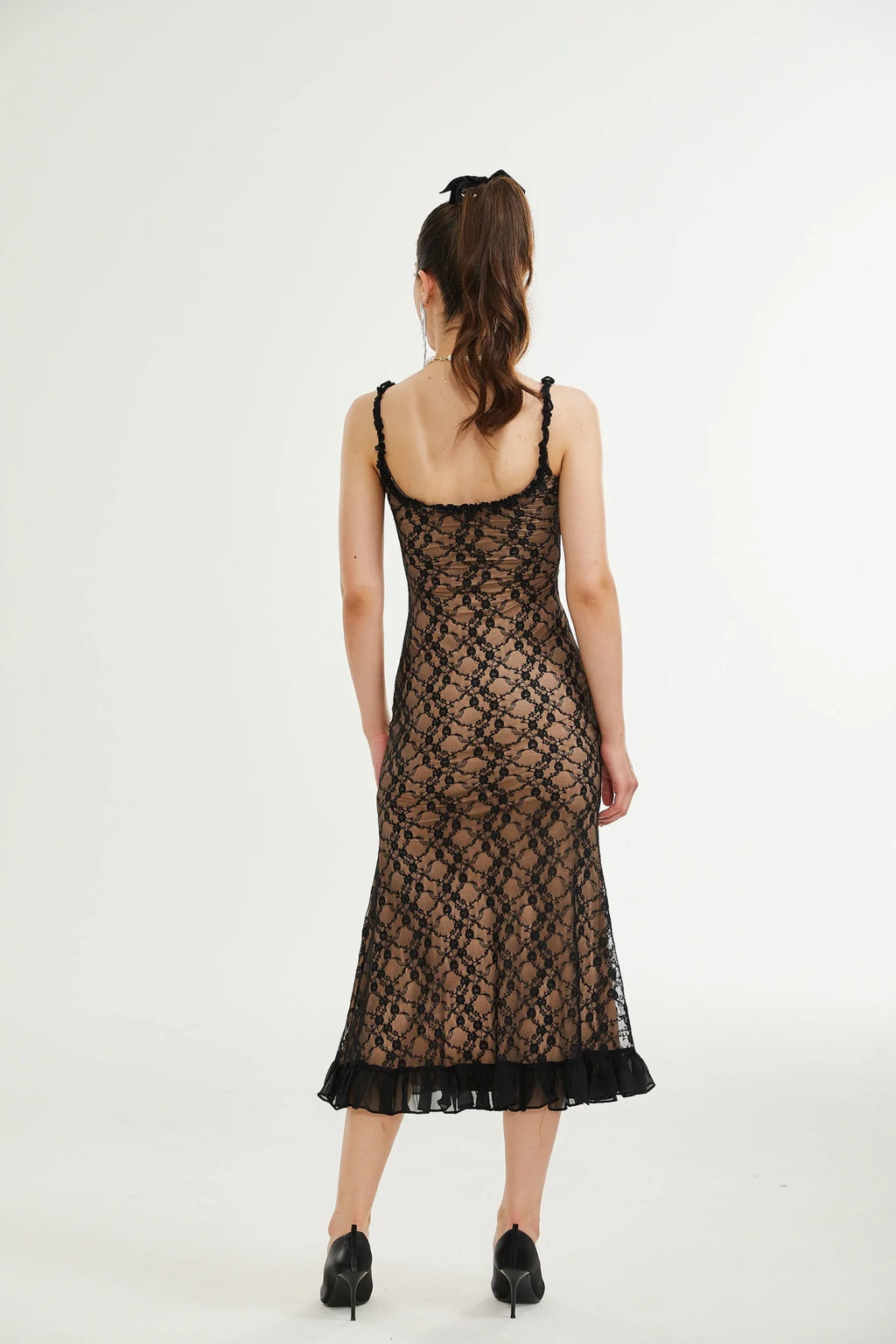 Fabiana Floral Midi Dress - V Neck Low Cut - Spaghetti Straps - Lace Detailing - Bow Accent
