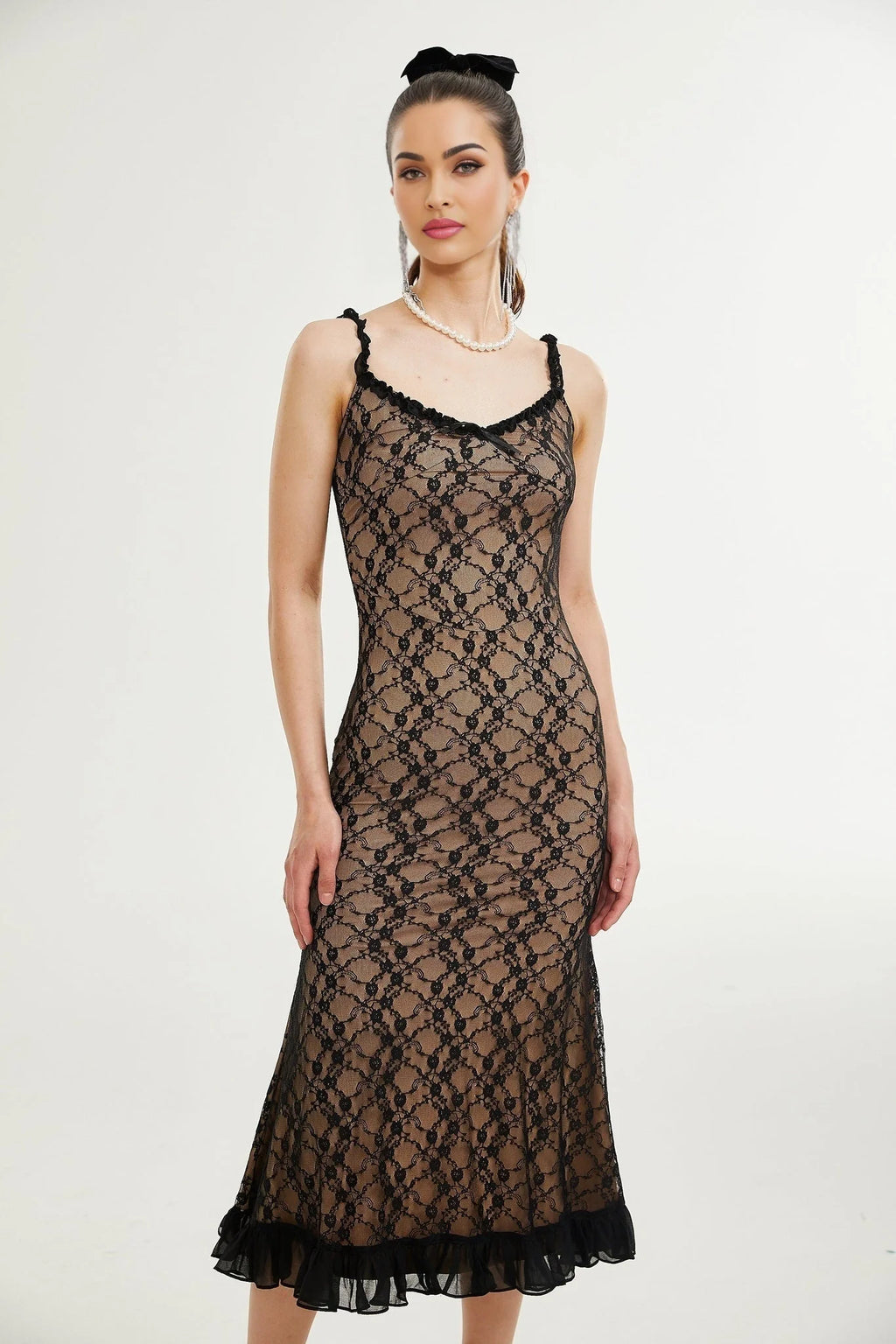 Fabiana Floral Midi Dress - V Neck Low Cut - Spaghetti Straps - Lace Detailing - Bow Accent