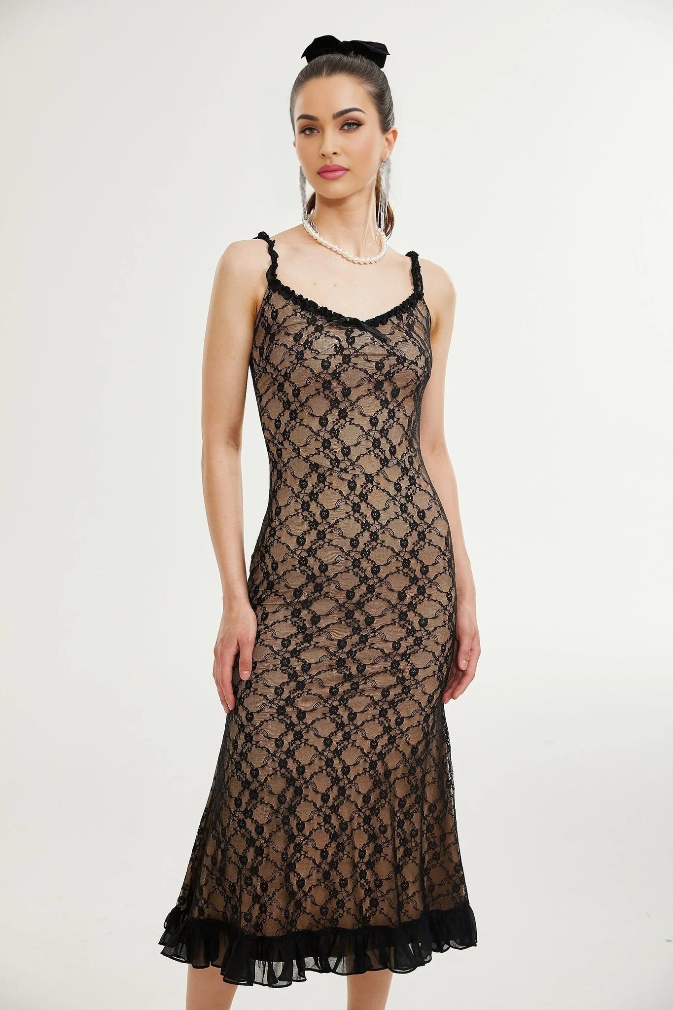 Fabiana Floral Midi Dress - V Neck Low Cut - Spaghetti Straps - Lace Detailing - Bow Accent