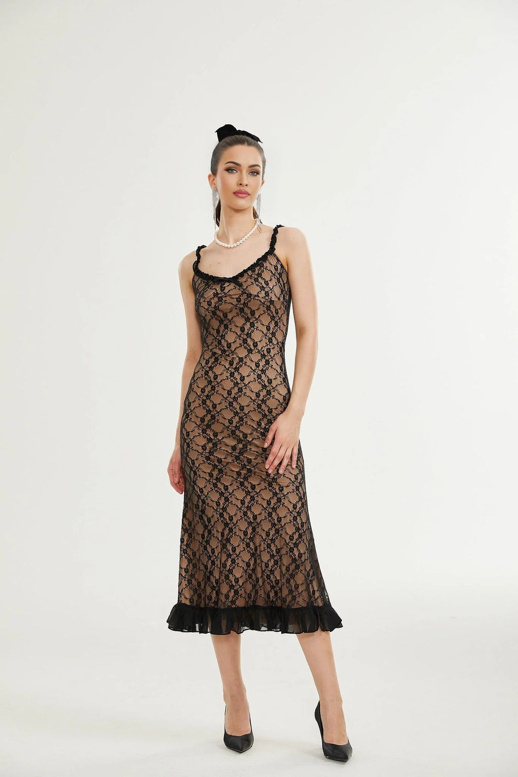 Fabiana Floral Midi Dress - V Neck Low Cut - Spaghetti Straps - Lace Detailing - Bow Accent