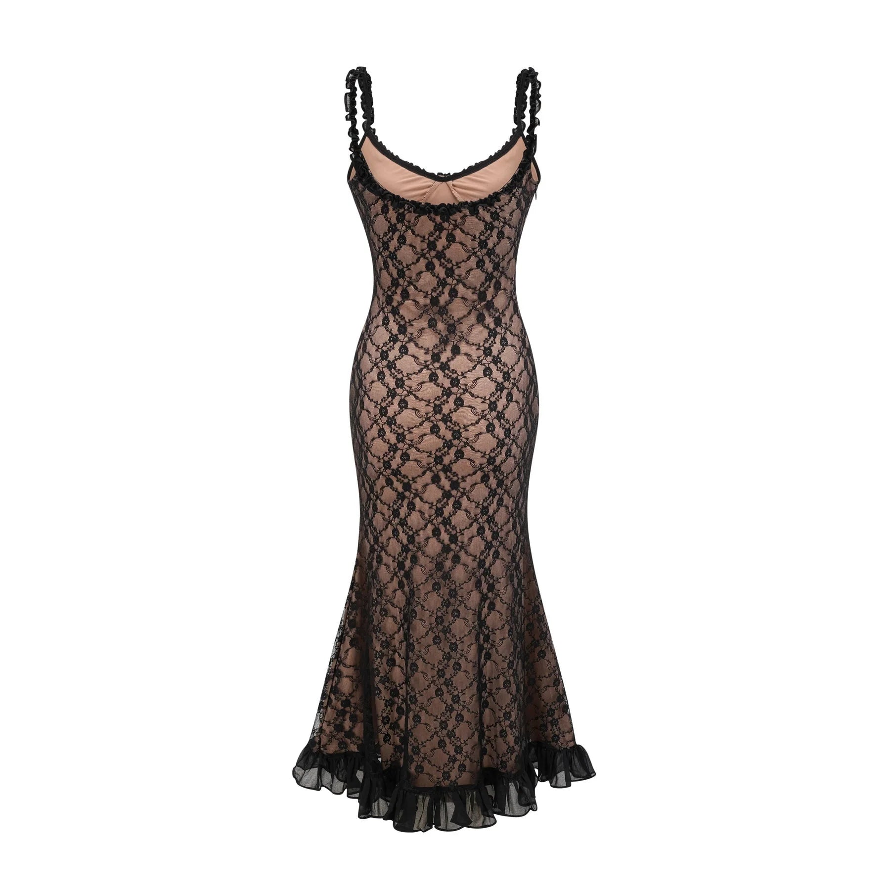 Fabiana Floral Midi Dress - V Neck Low Cut - Spaghetti Straps - Lace Detailing - Bow Accent