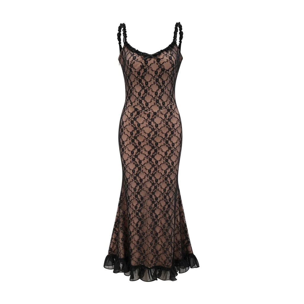 Fabiana Floral Midi Dress - V Neck Low Cut - Spaghetti Straps - Lace Detailing - Bow Accent