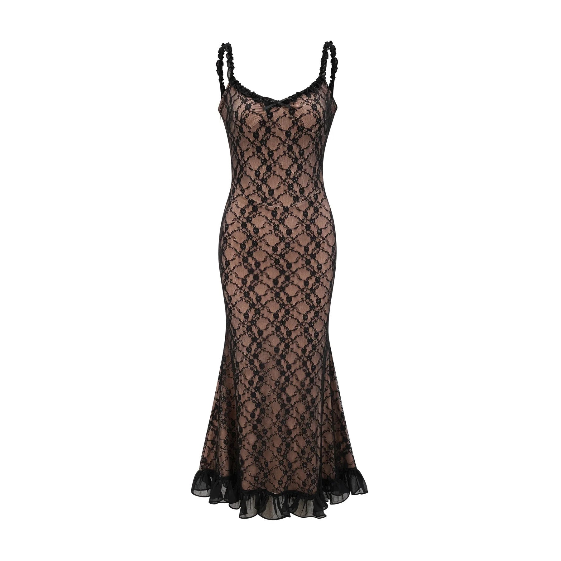 Fabiana Floral Midi Dress - V Neck Low Cut - Spaghetti Straps - Lace Detailing - Bow Accent