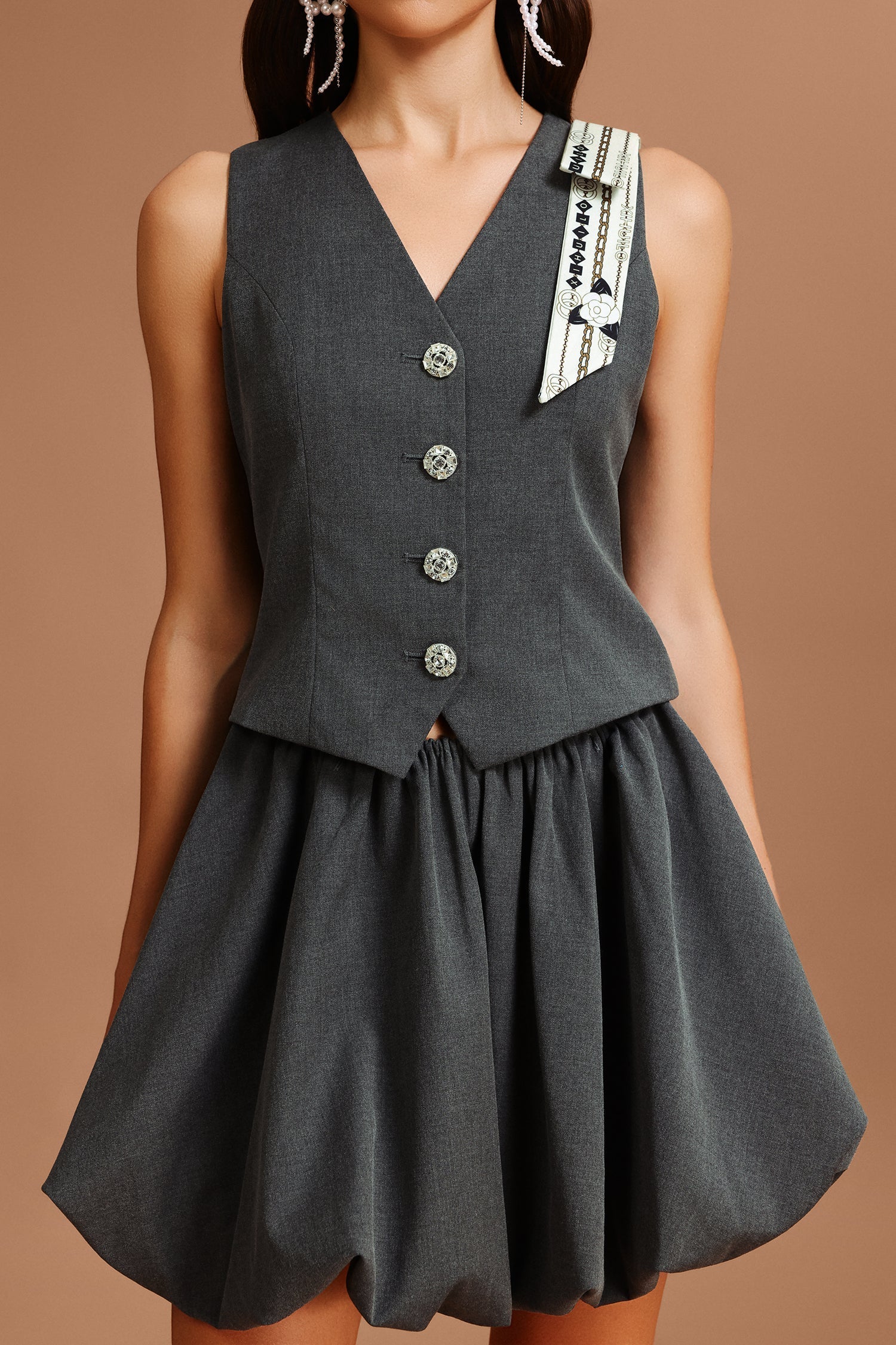 Fabiana Gray V-Neck Sleeveless Mini Dress with Bodice Detailing