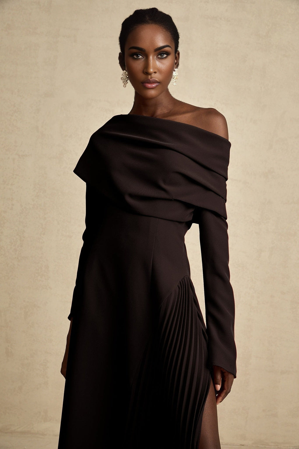 Fabiana Maxi Dress - Long Flared Sleeves - Asymmetric Neck - Pleated Detailing - Side Zip Fastening - Elegant Fit