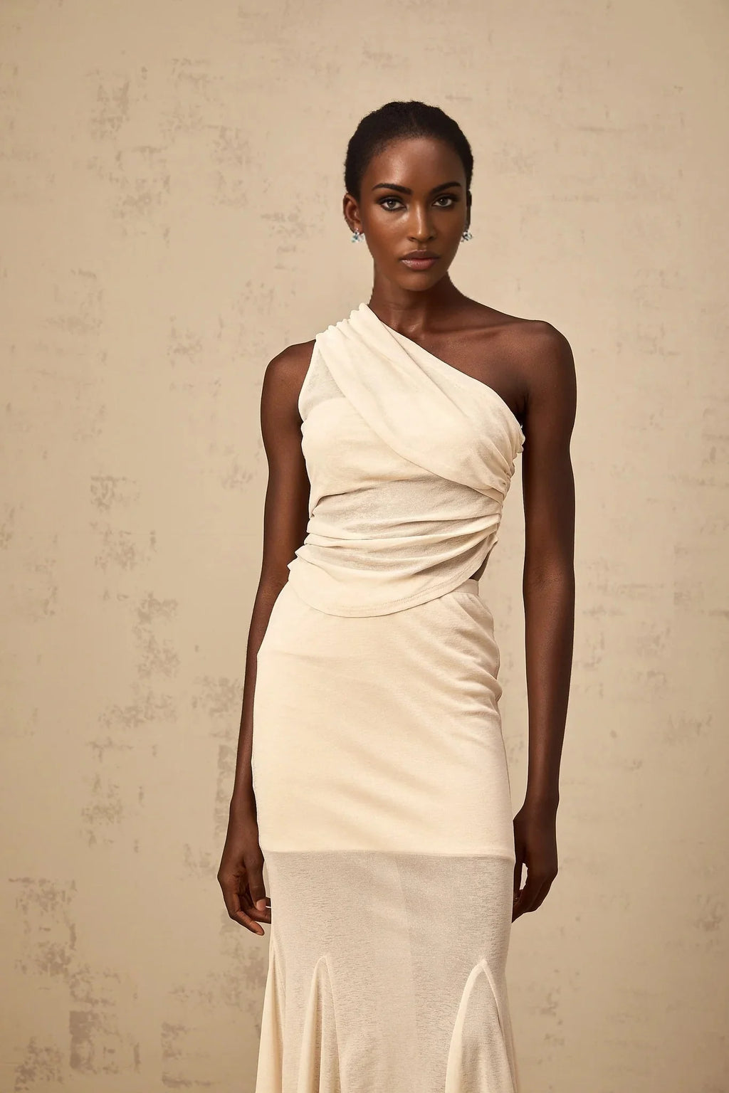 Fabiana Top & Skirt Set Neutrals Ruched Stretch Midi