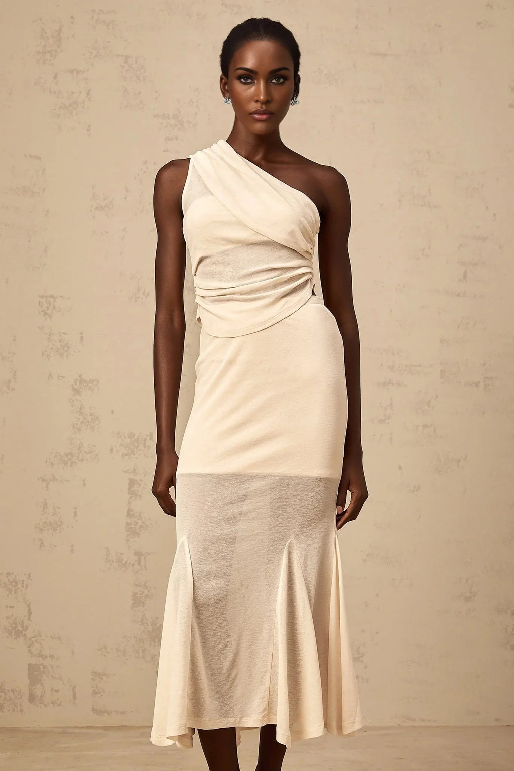 Fabiana Top & Skirt Set Neutrals Ruched Stretch Midi