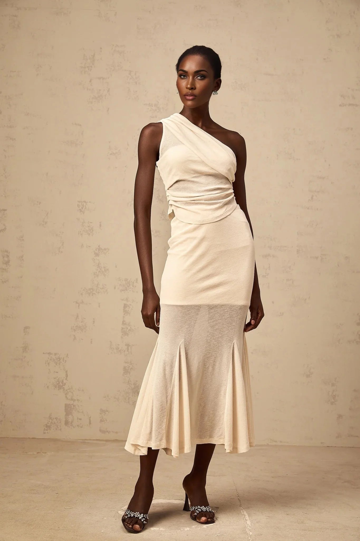 Fabiana Top & Skirt Set Neutrals Ruched Stretch Midi