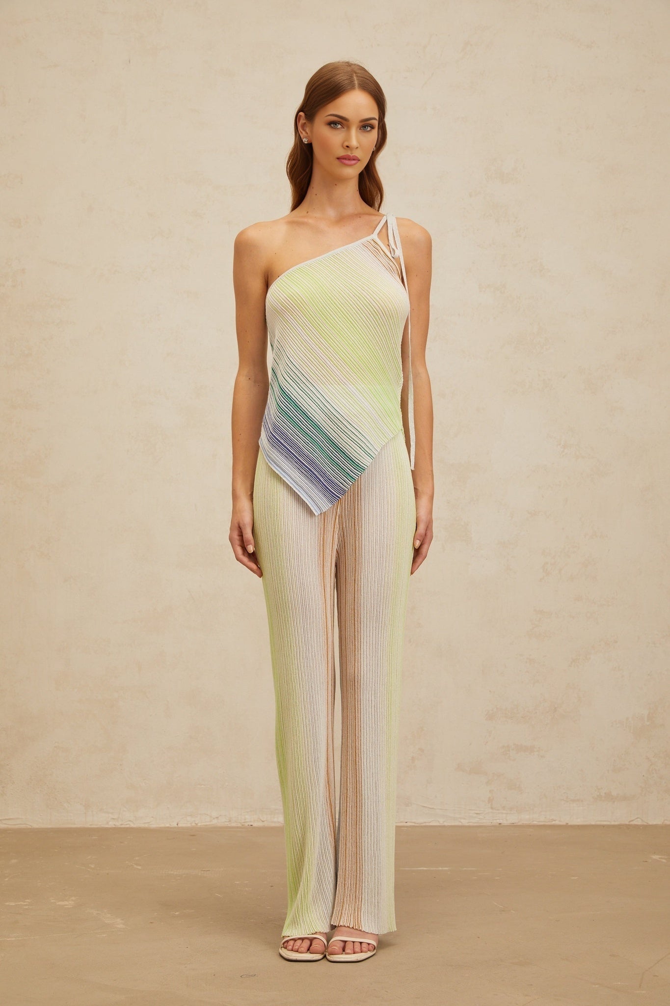 Fabiana Top & Trousers Set - Mono Shoulder Sleeveless Design - Metallic Threaded Sequin Embellishments - High Rise Wide Leg Silhouette - Asymmetrical Hem Self - Tie Fastening