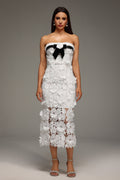 Fabiana White Lace Floral Midi Dress with Black Ribbon Detail