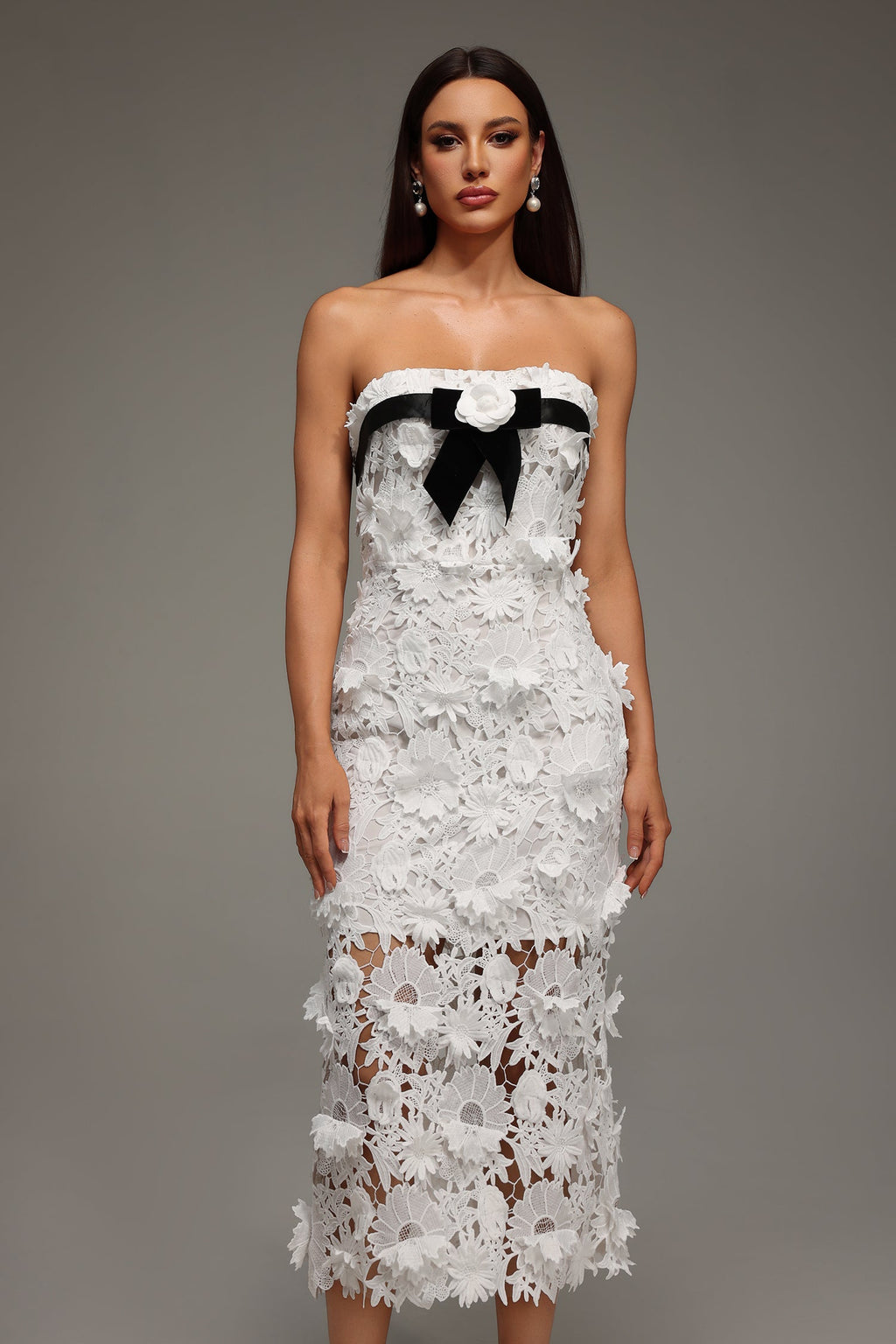 Fabiana White Lace Strapless Midi Dress with Black Ribbon and Flower Accent