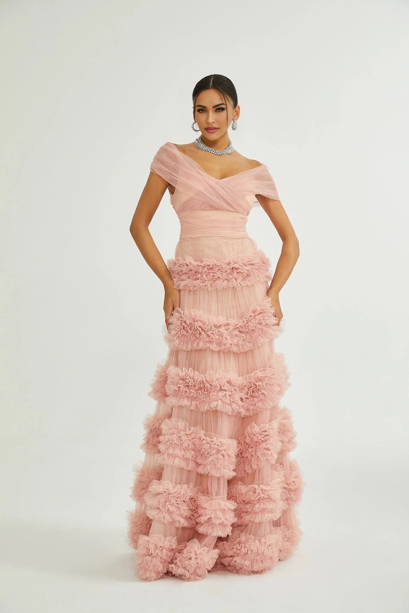 Fabiola Maxi Dress - Off the Shoulder - Tiered Design - Tulle Panels - Rear Zip - Floor - Length