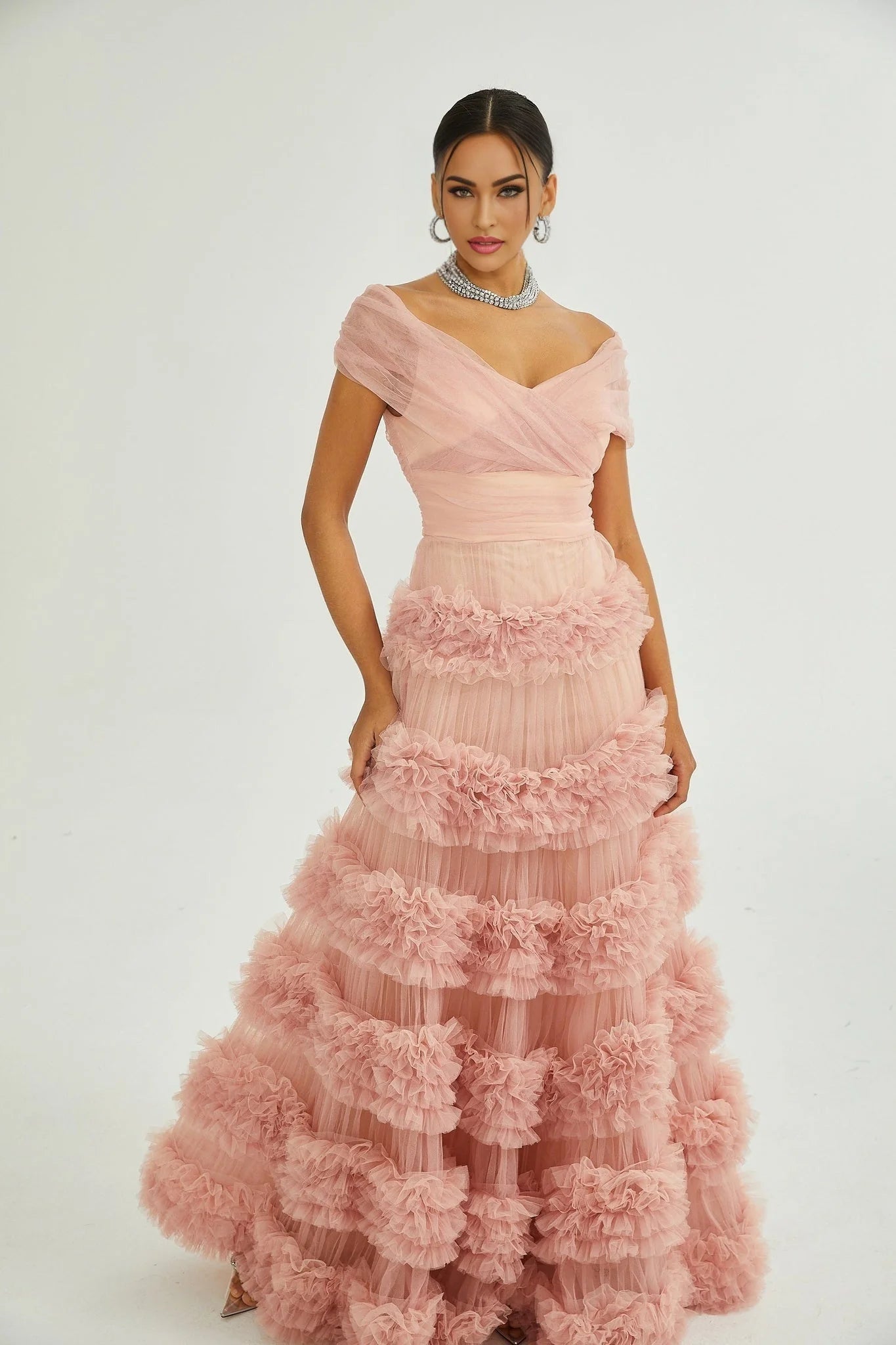 Fabiola Maxi Dress - Off the Shoulder - Tiered Design - Tulle Panels - Rear Zip - Floor - Length