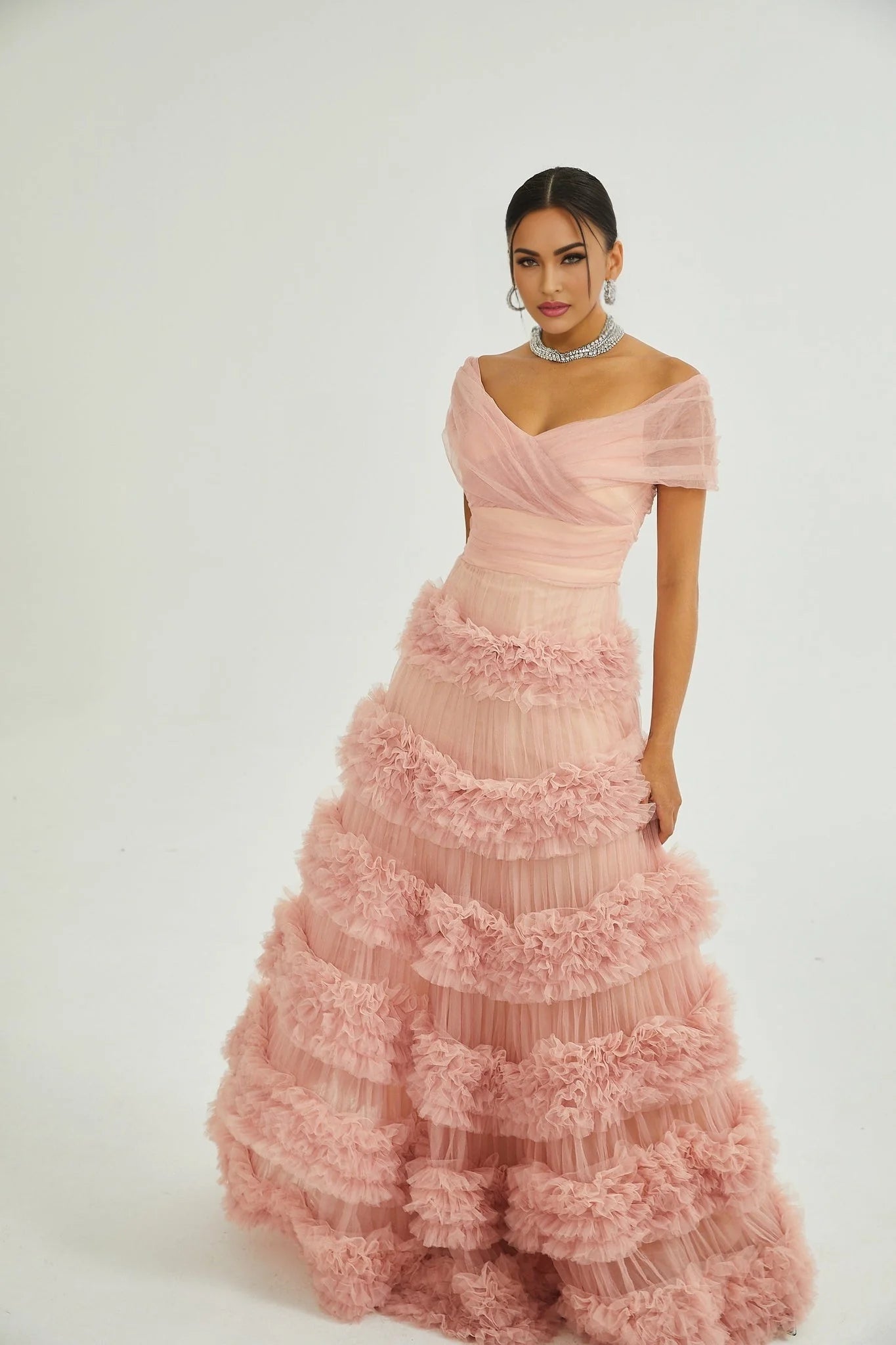 Fabiola Maxi Dress - Off the Shoulder - Tiered Design - Tulle Panels - Rear Zip - Floor - Length