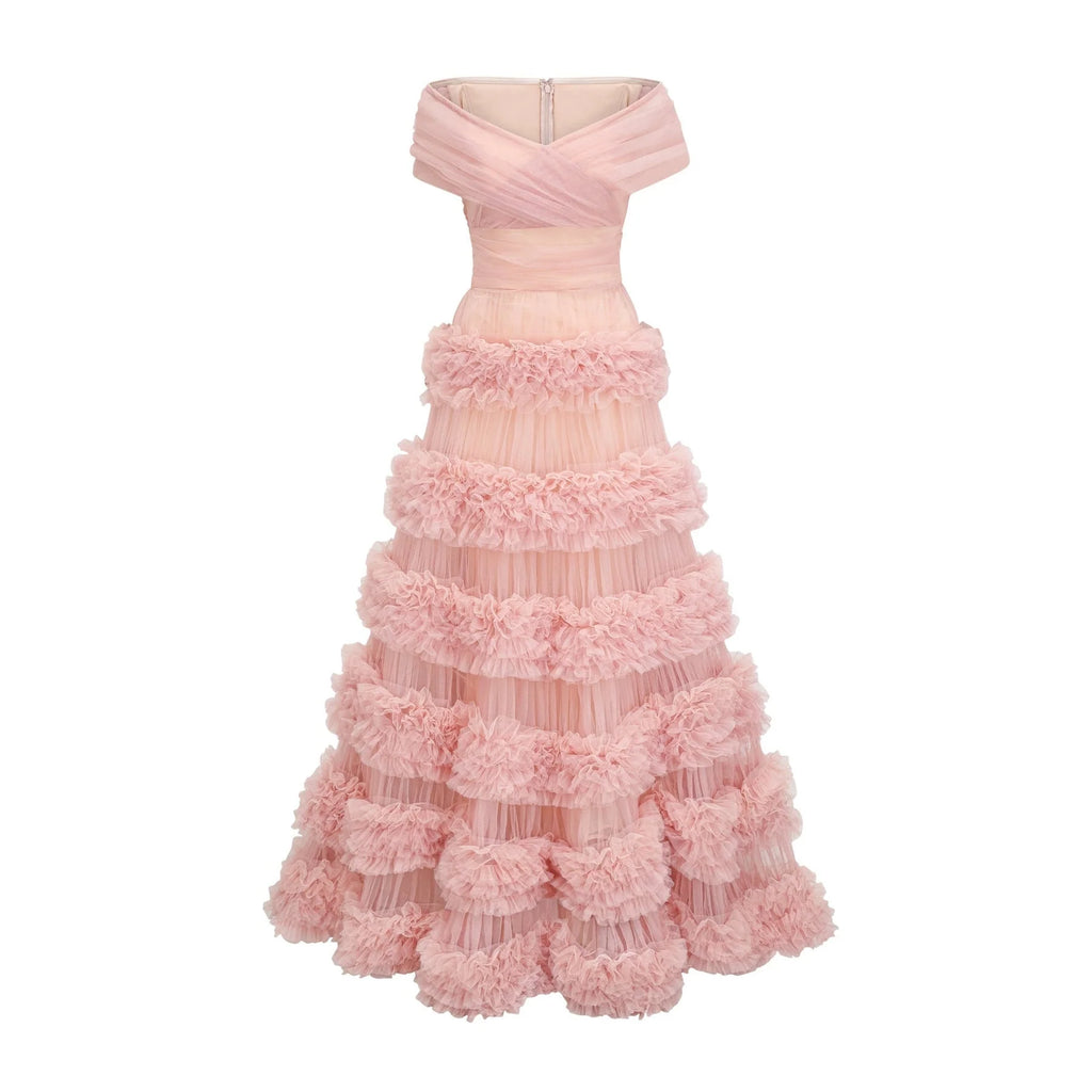 Fabiola Maxi Dress - Off the Shoulder - Tiered Design - Tulle Panels - Rear Zip - Floor - Length