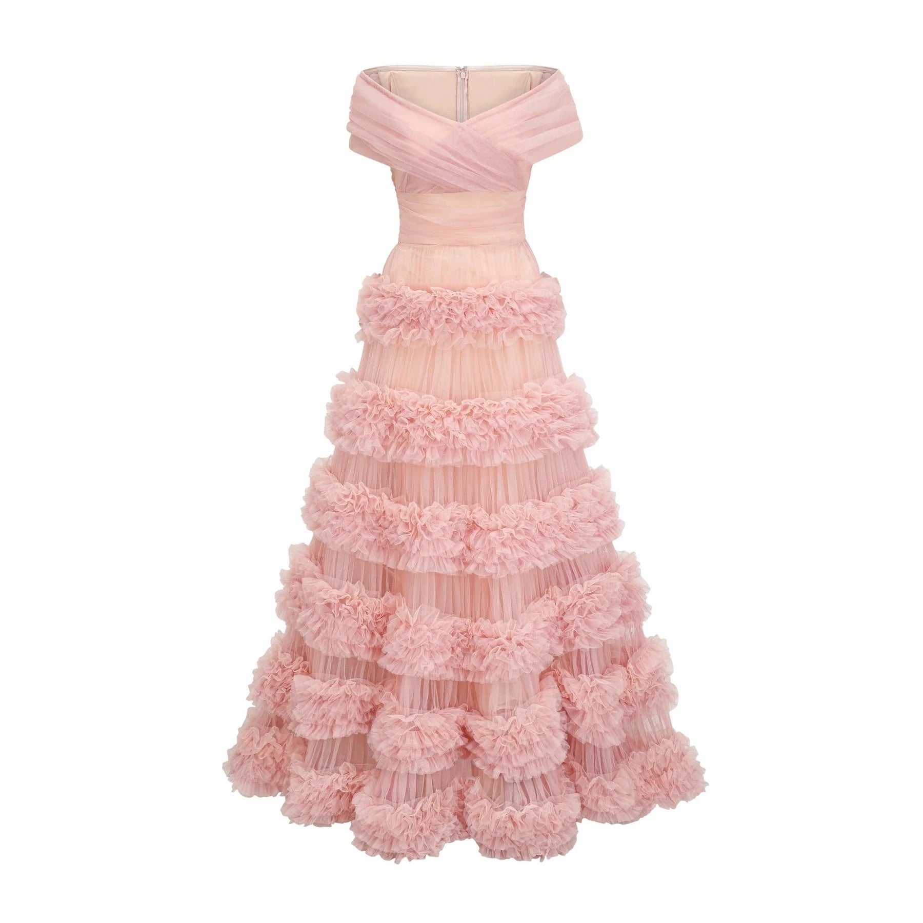 Fabiola Maxi Dress - Off the Shoulder - Tiered Design - Tulle Panels - Rear Zip - Floor - Length
