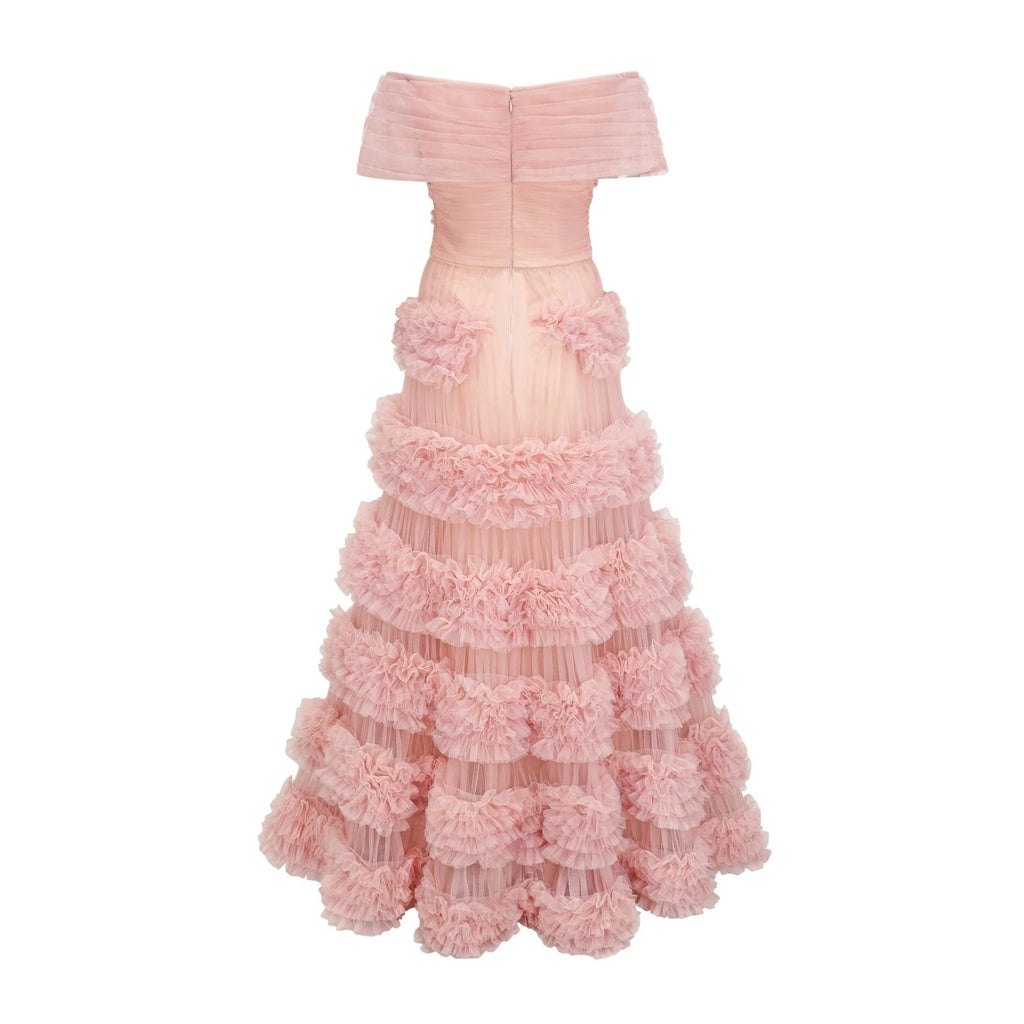 Fabiola Maxi Dress - Off the Shoulder - Tiered Design - Tulle Panels - Rear Zip - Floor - Length