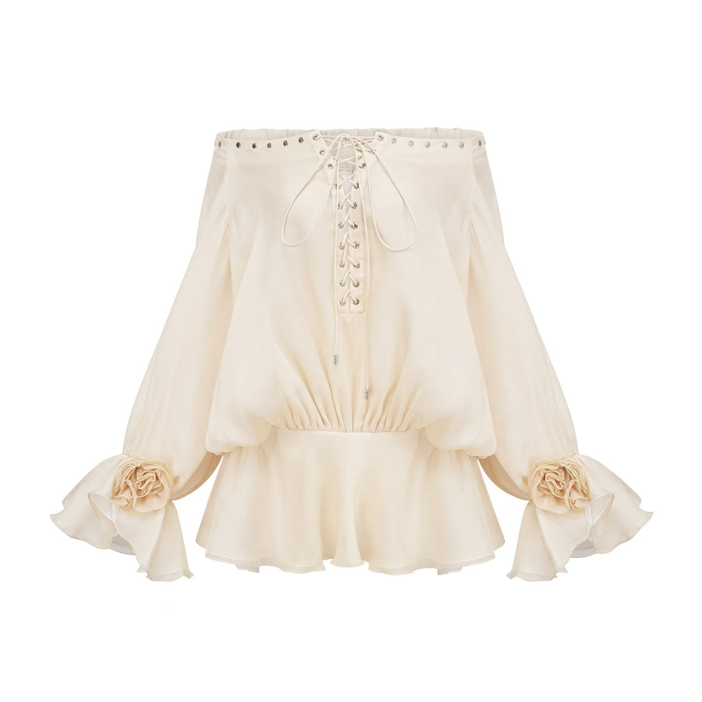 Fabiola Mini Dress - Off the Shoulder - Double Layered - Front Tie Fastening - Lace - Up Detail - Flared Hem