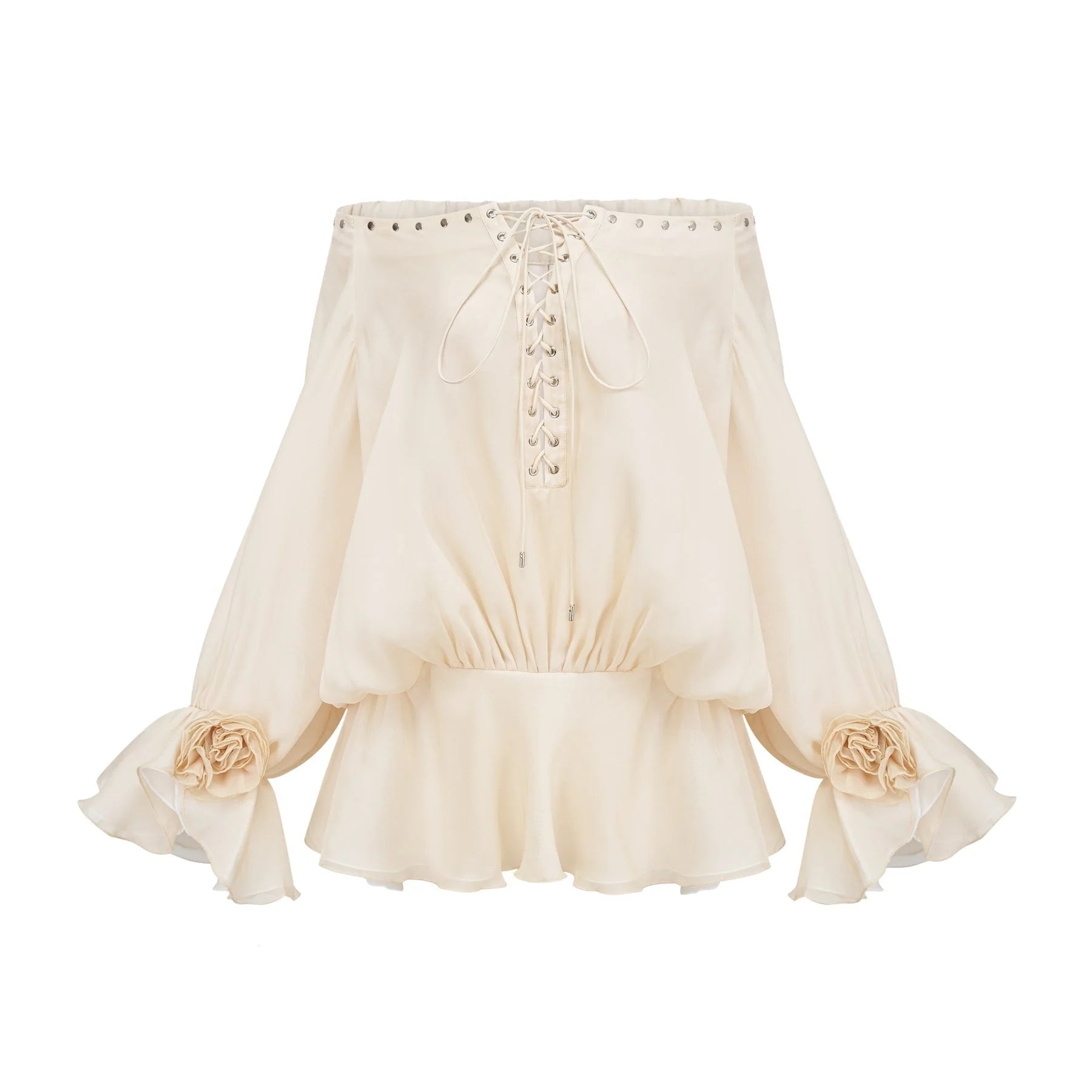 Fabiola Mini Dress - Off the Shoulder - Double Layered - Front Tie Fastening - Lace - Up Detail - Flared Hem