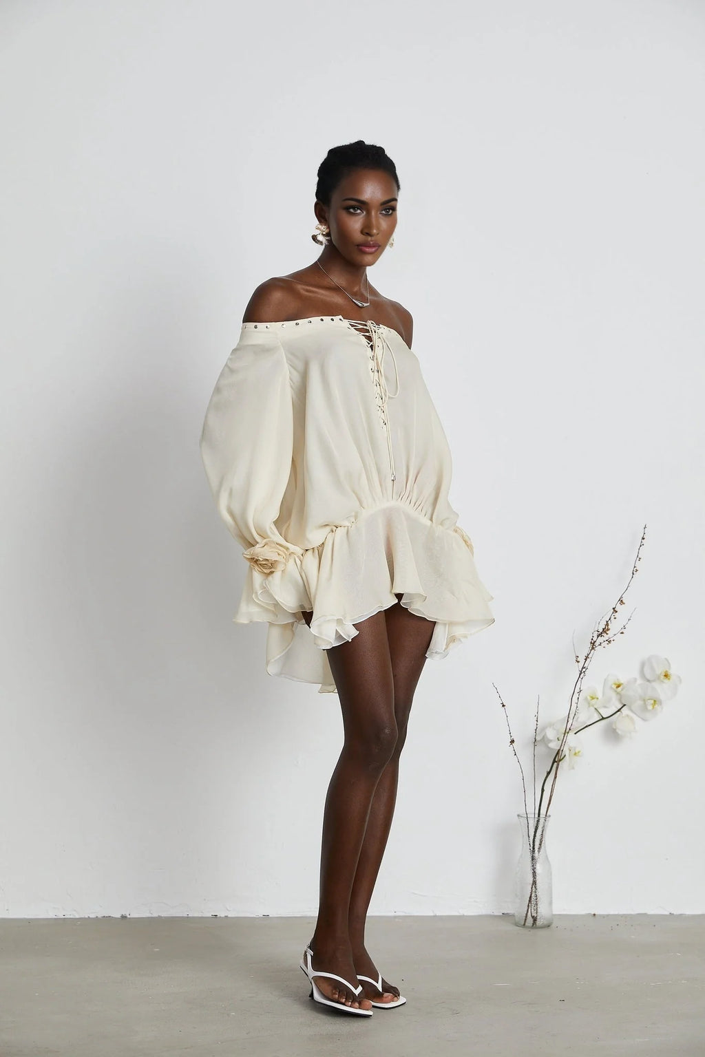 Fabiola Mini Dress - Off the Shoulder - Double Layered - Front Tie Fastening - Lace - Up Detail - Flared Hem