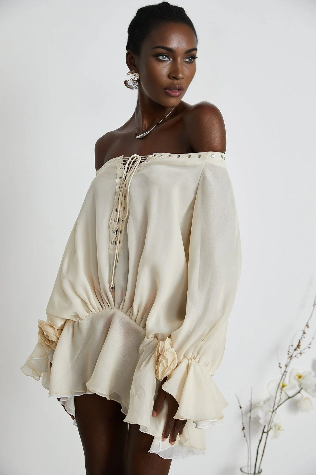 Fabiola Mini Dress - Off the Shoulder - Double Layered - Front Tie Fastening - Lace - Up Detail - Flared Hem