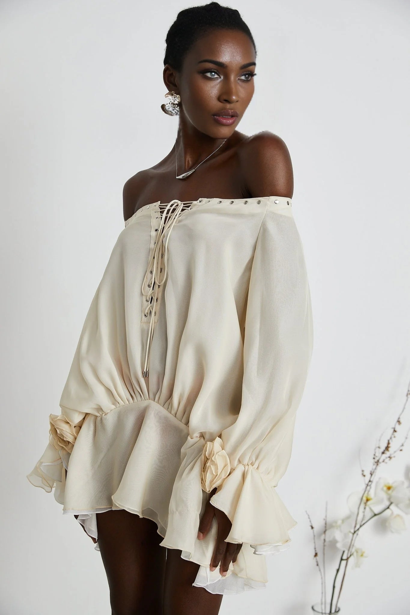 Fabiola Mini Dress - Off the Shoulder - Double Layered - Front Tie Fastening - Lace - Up Detail - Flared Hem
