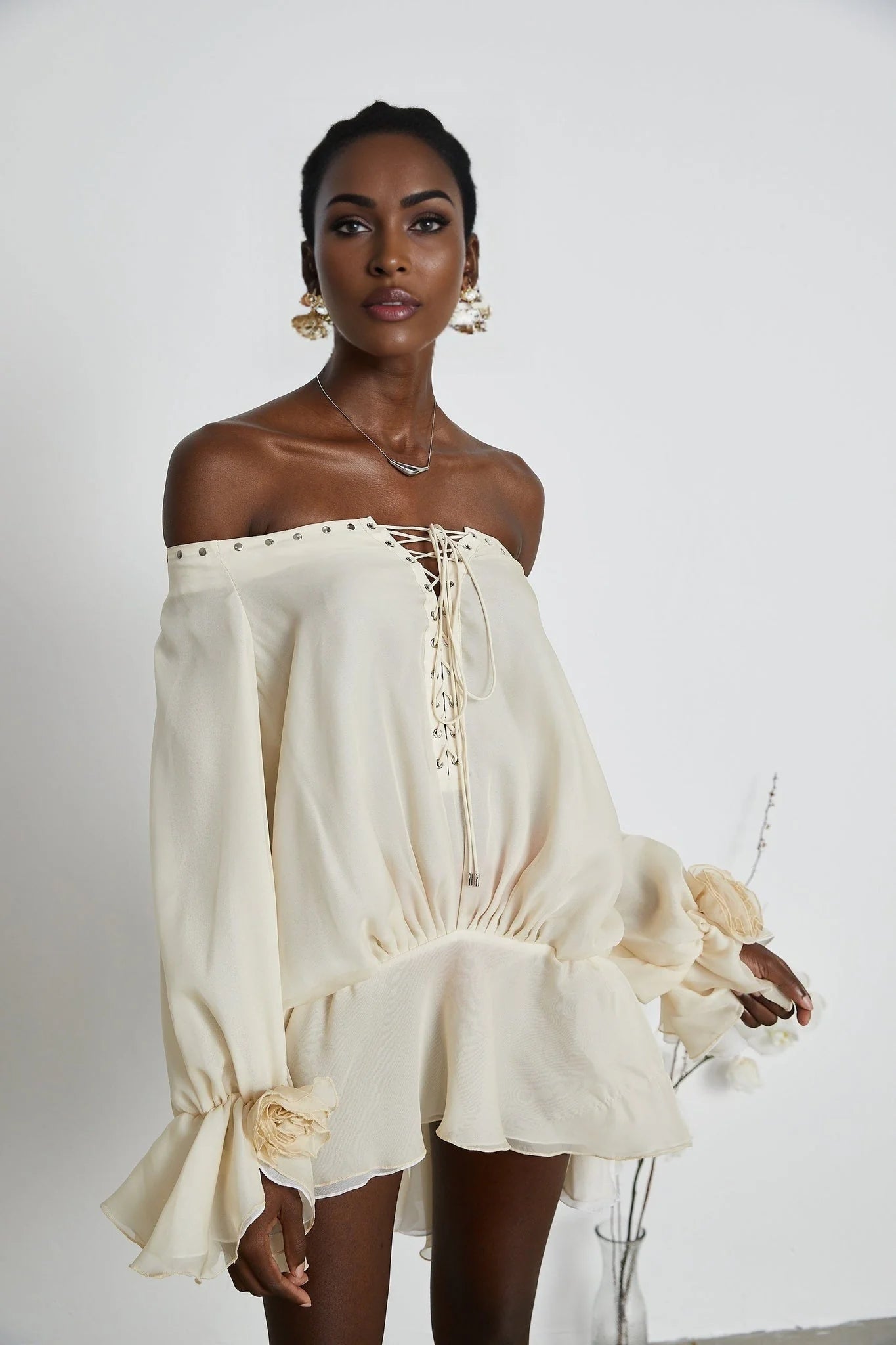 Fabiola Mini Dress - Off the Shoulder - Double Layered - Front Tie Fastening - Lace - Up Detail - Flared Hem