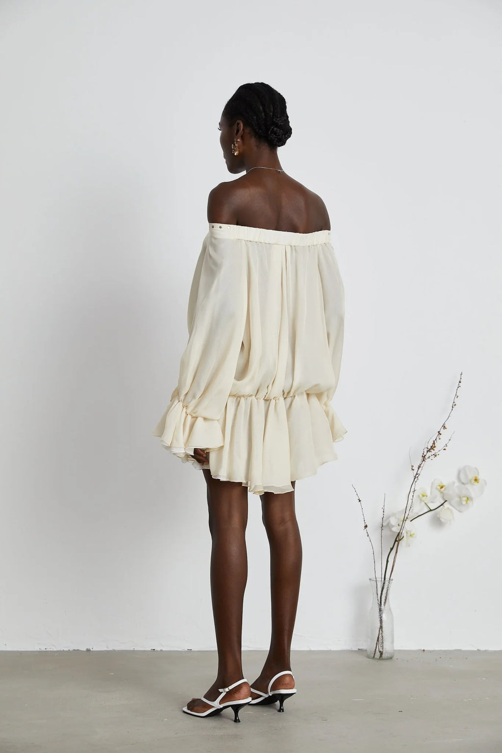 Fabiola Mini Dress - Off the Shoulder - Double Layered - Front Tie Fastening - Lace - Up Detail - Flared Hem