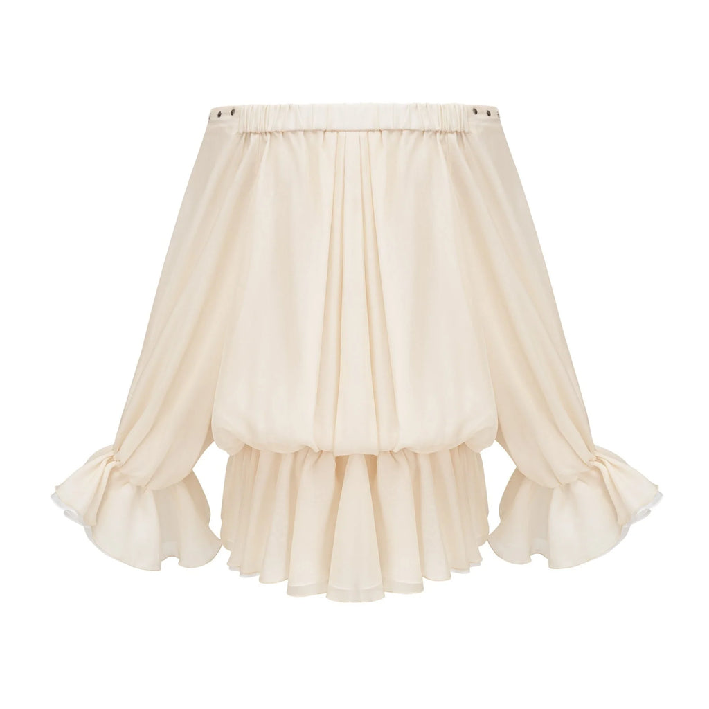 Fabiola Mini Dress - Off the Shoulder - Double Layered - Front Tie Fastening - Lace - Up Detail - Flared Hem