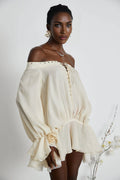 Fabiola Mini Dress - Off the Shoulder - Double Layered - Front Tie Fastening - Lace - Up Detail - Flared Hem