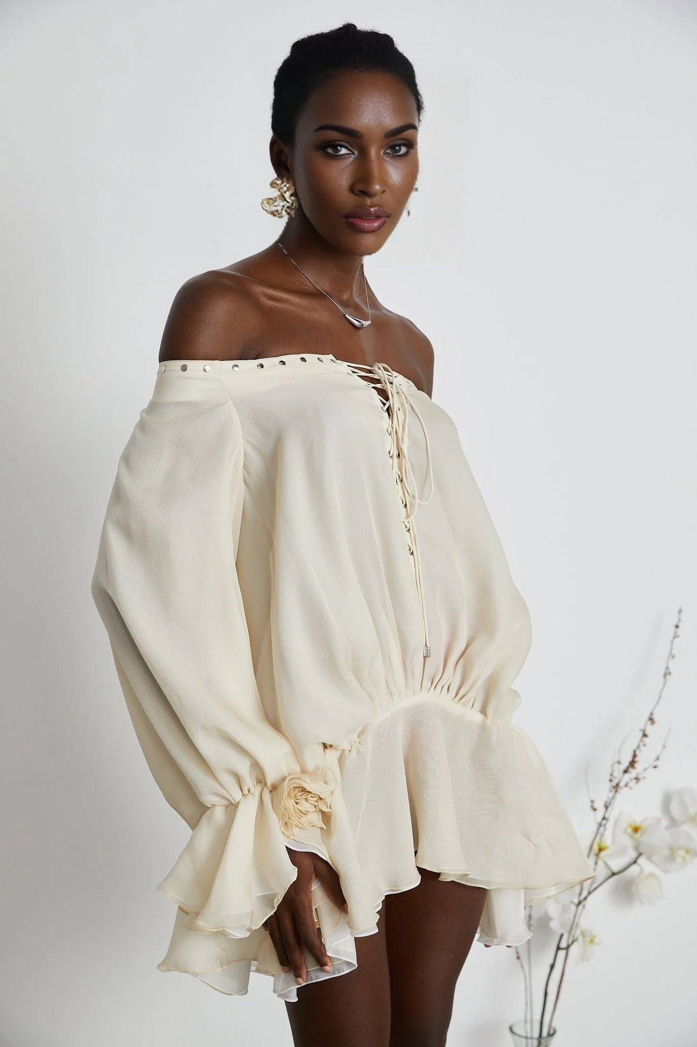 Fabiola Mini Dress - Off the Shoulder - Double Layered - Front Tie Fastening - Lace - Up Detail - Flared Hem
