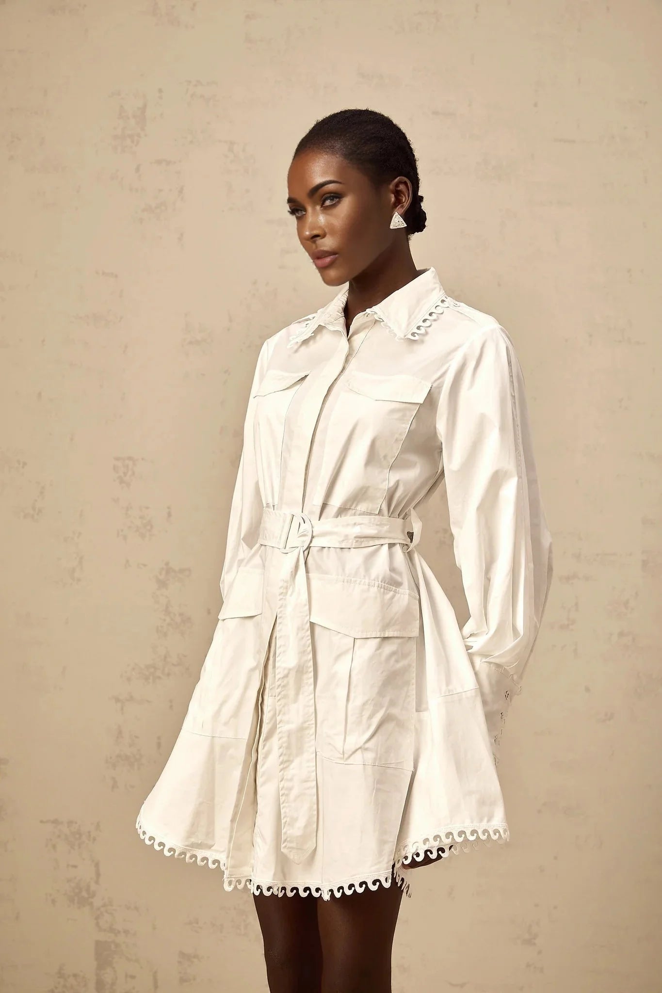 Fabiola Mini Dress White Belted Lapels Gigot Sleeves & Pockets