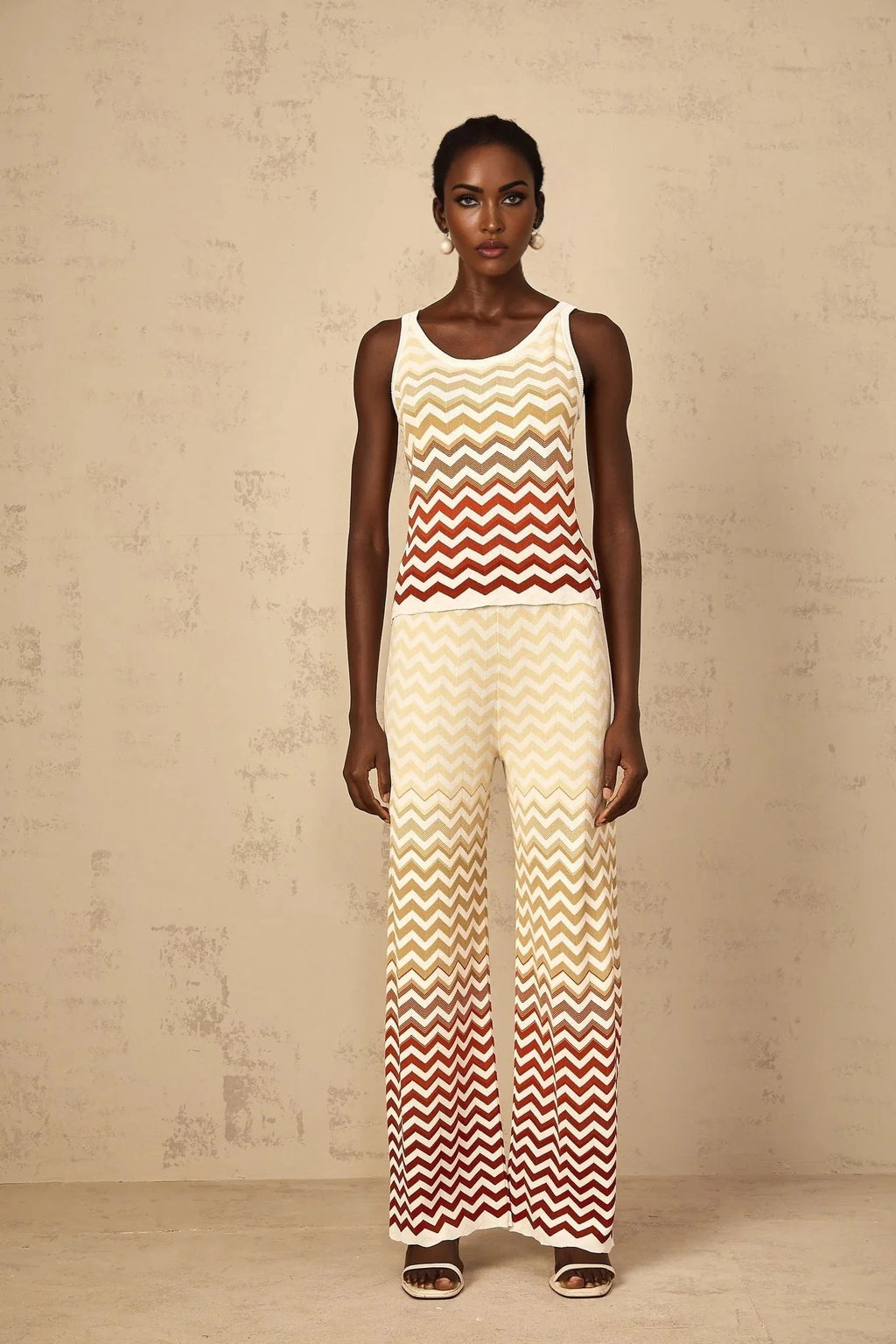 Fabiola Top & Trousers Set with Chevron Knit Design in Yellow