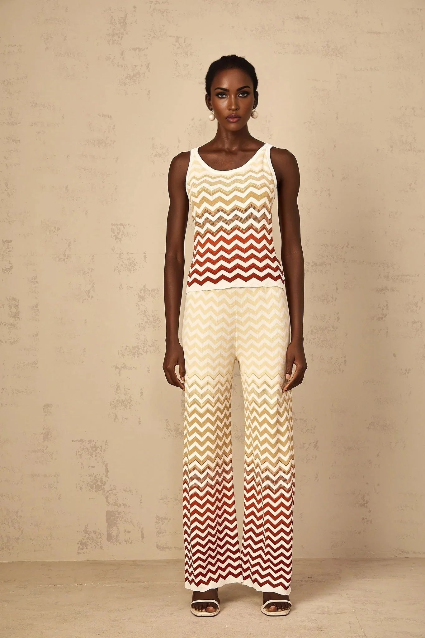 Fabiola Top & Trousers Set with Chevron Knit Design in Yellow