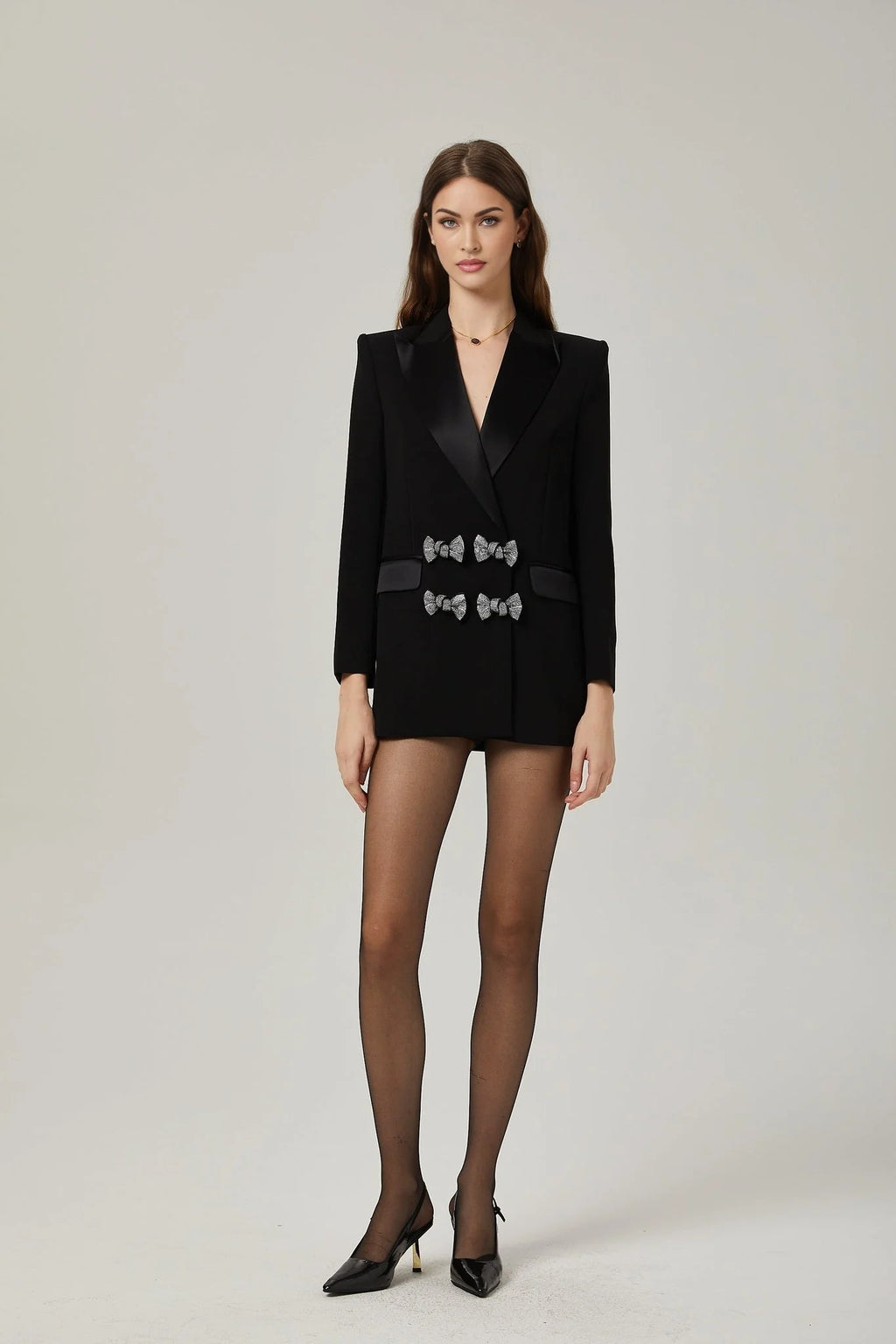 Faith Blazer - Long Sleeves - Peak Lapels - Shoulder Pads - Crystal - Embellished Bow Detail