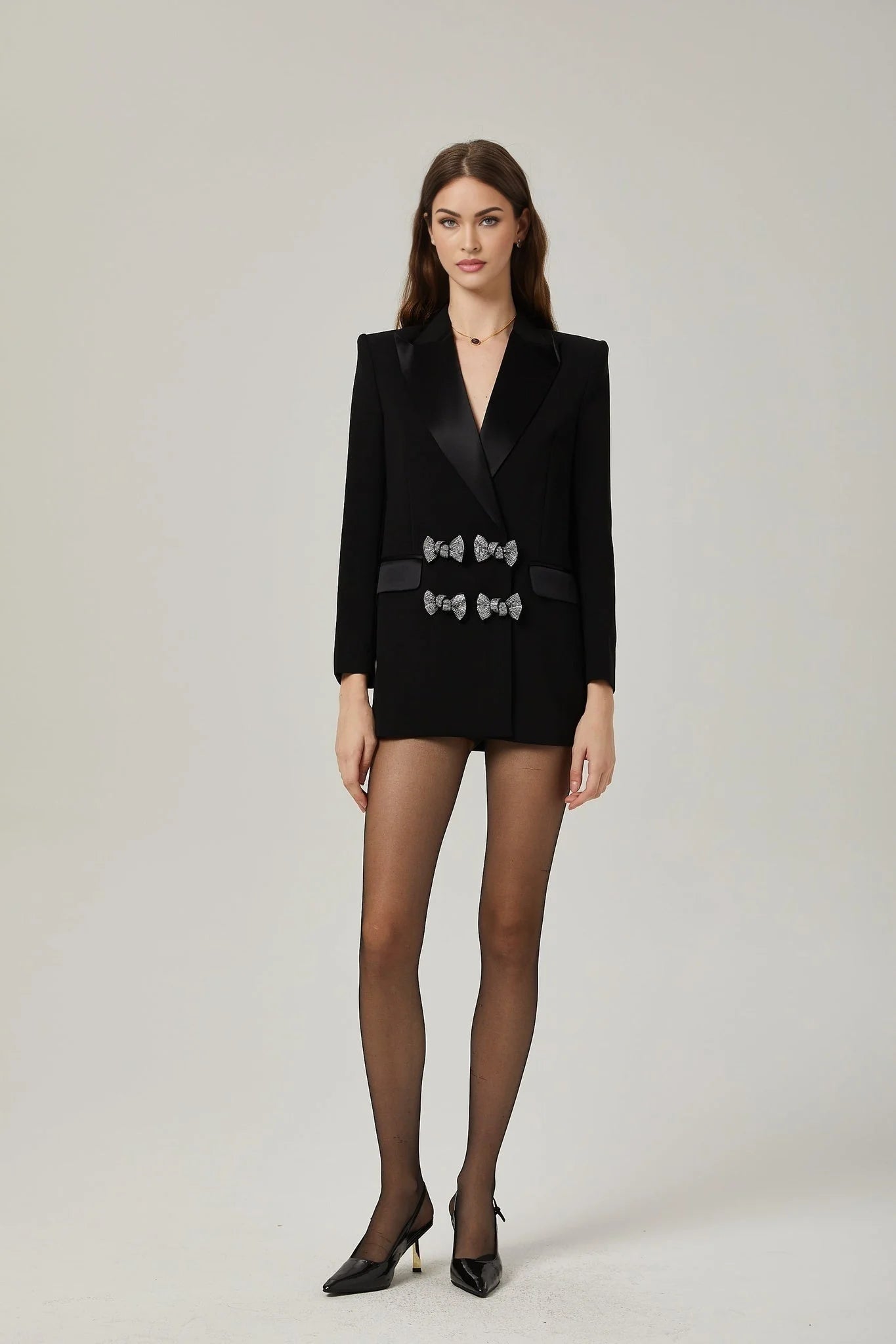 Faith Blazer - Long Sleeves - Peak Lapels - Shoulder Pads - Crystal - Embellished Bow Detail