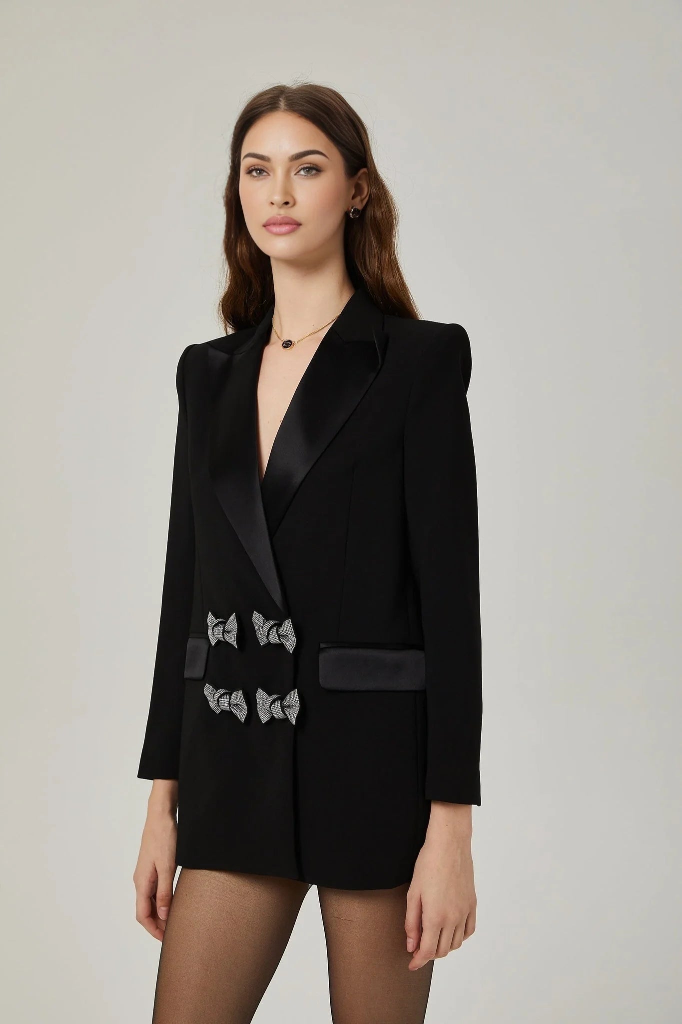 Faith Blazer - Long Sleeves - Peak Lapels - Shoulder Pads - Crystal - Embellished Bow Detail