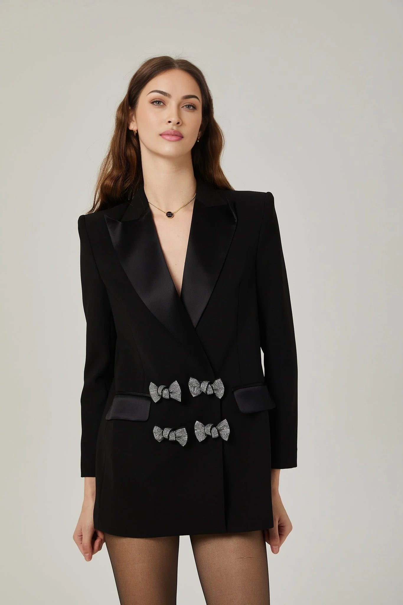 Faith Blazer - Long Sleeves - Peak Lapels - Shoulder Pads - Crystal - Embellished Bow Detail