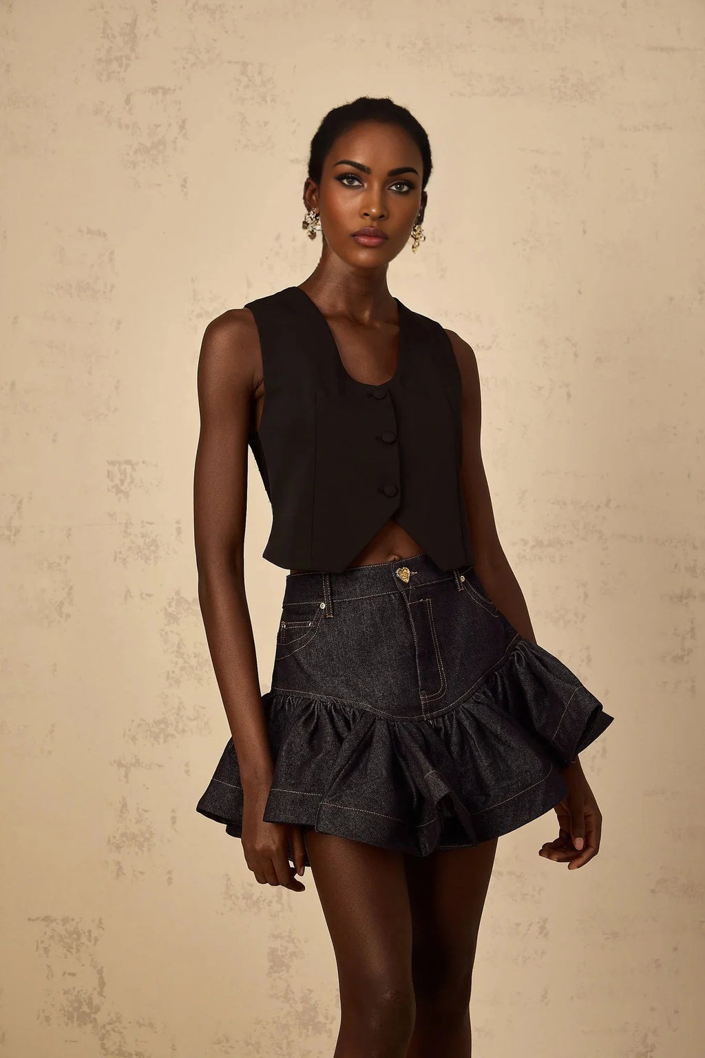 Faith Cropped Top Black Lace V - neck & Lace - up Detail