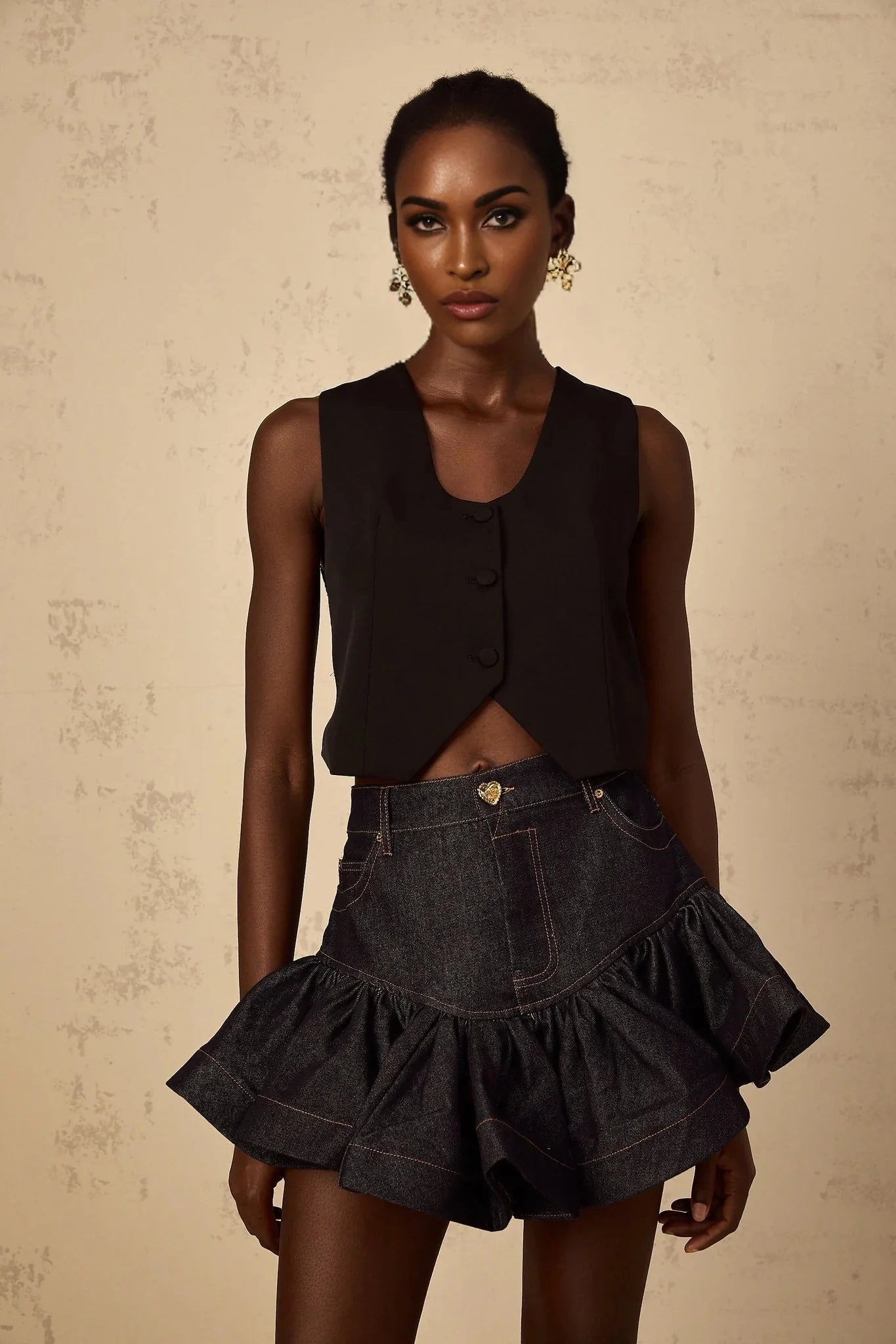 Faith Cropped Top Black Lace V - neck & Lace - up Detail