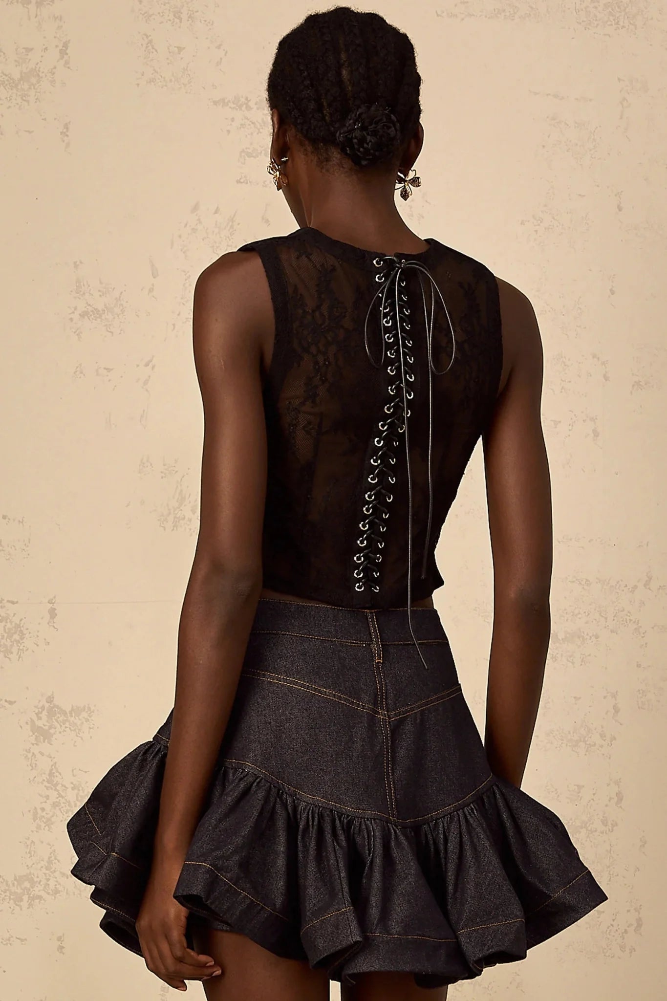 Faith Cropped Top Black Lace V - neck & Lace - up Detail